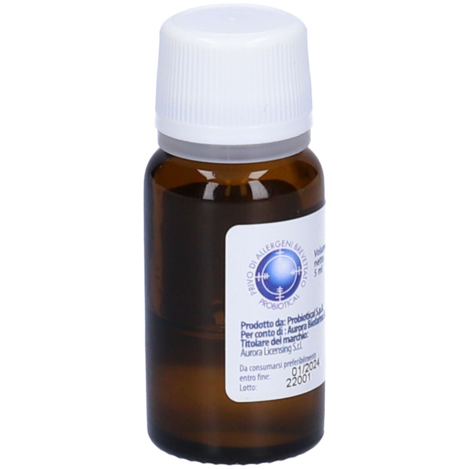 Flacone di vetro marrone con tappo bianco. Etichetta con informazioni e logo del prodotto. Integratore alimentare per bambini.