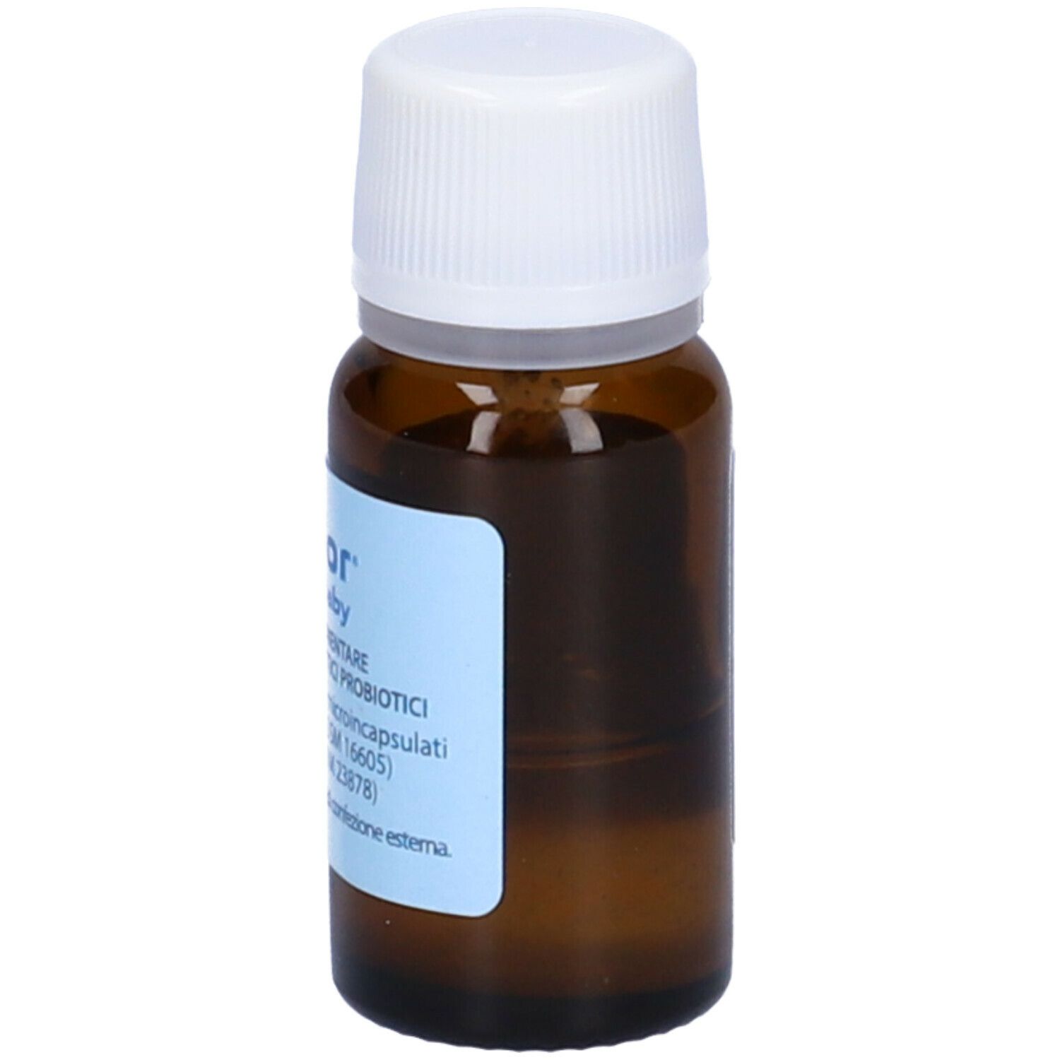 Flacone di vetro marrone con tappo bianco. Etichetta con informazioni del prodotto. Integratore alimentare per bambini.