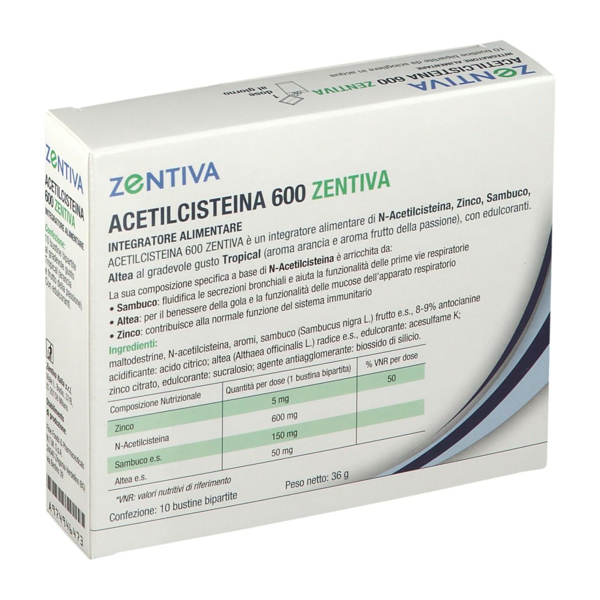 Confezione con informazioni. Scatola bianca con dettagli blu. Testo e tabella nutrizionale.