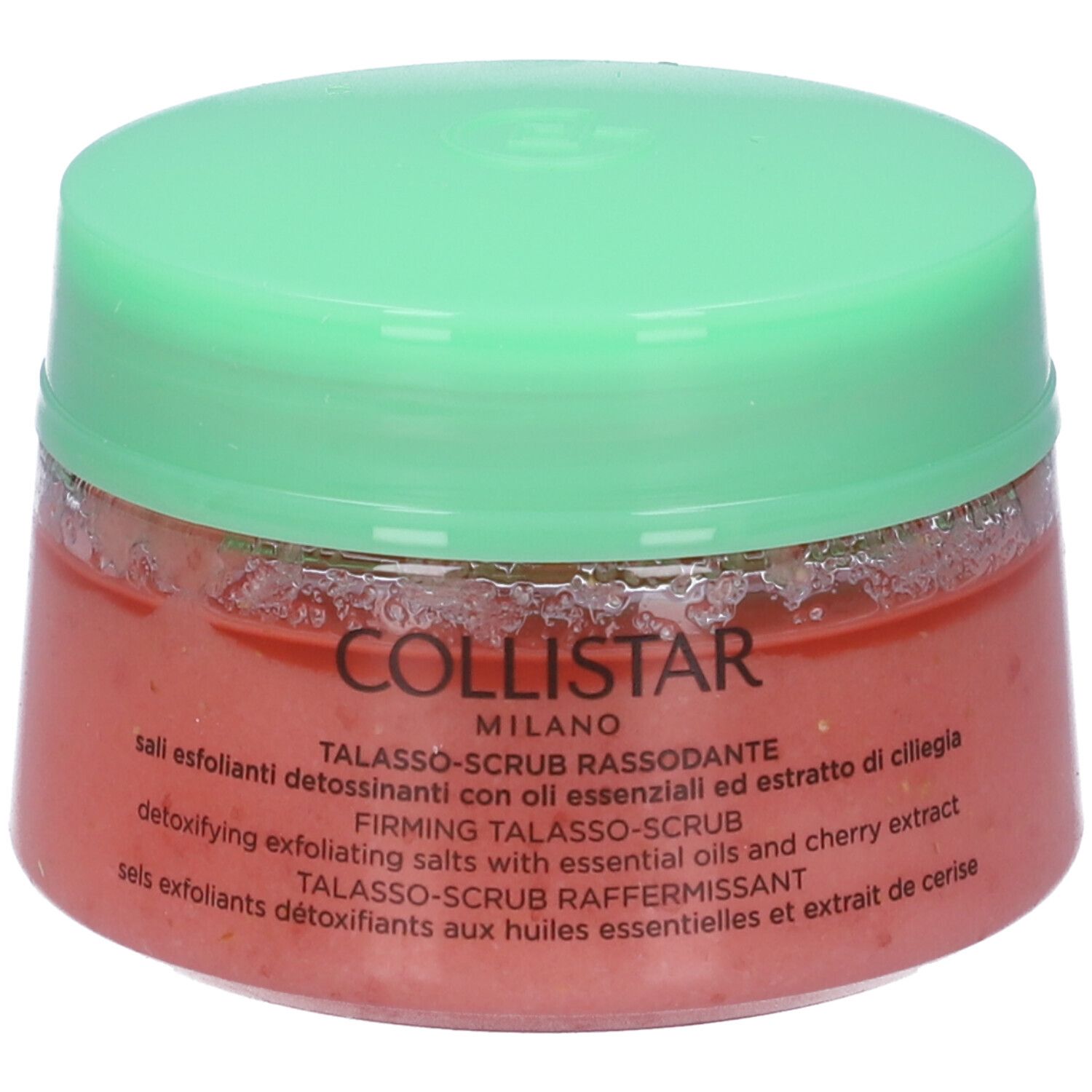 Vaso rotondo con contenuto rosa e coperchio verde. Scritta: Collistar Milano, Talasso-Scrub Rassodante.
