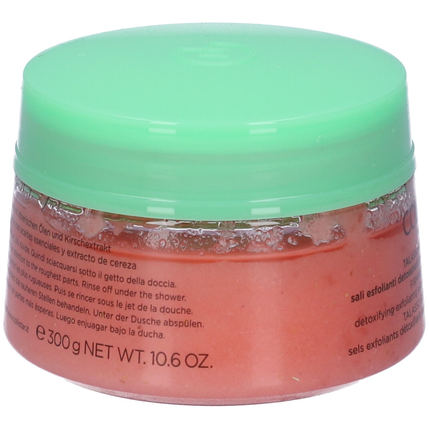 Vaso rotondo con contenuto rosa e coperchio verde. Scritta e testo in più lingue. Peso netto: 300 g.