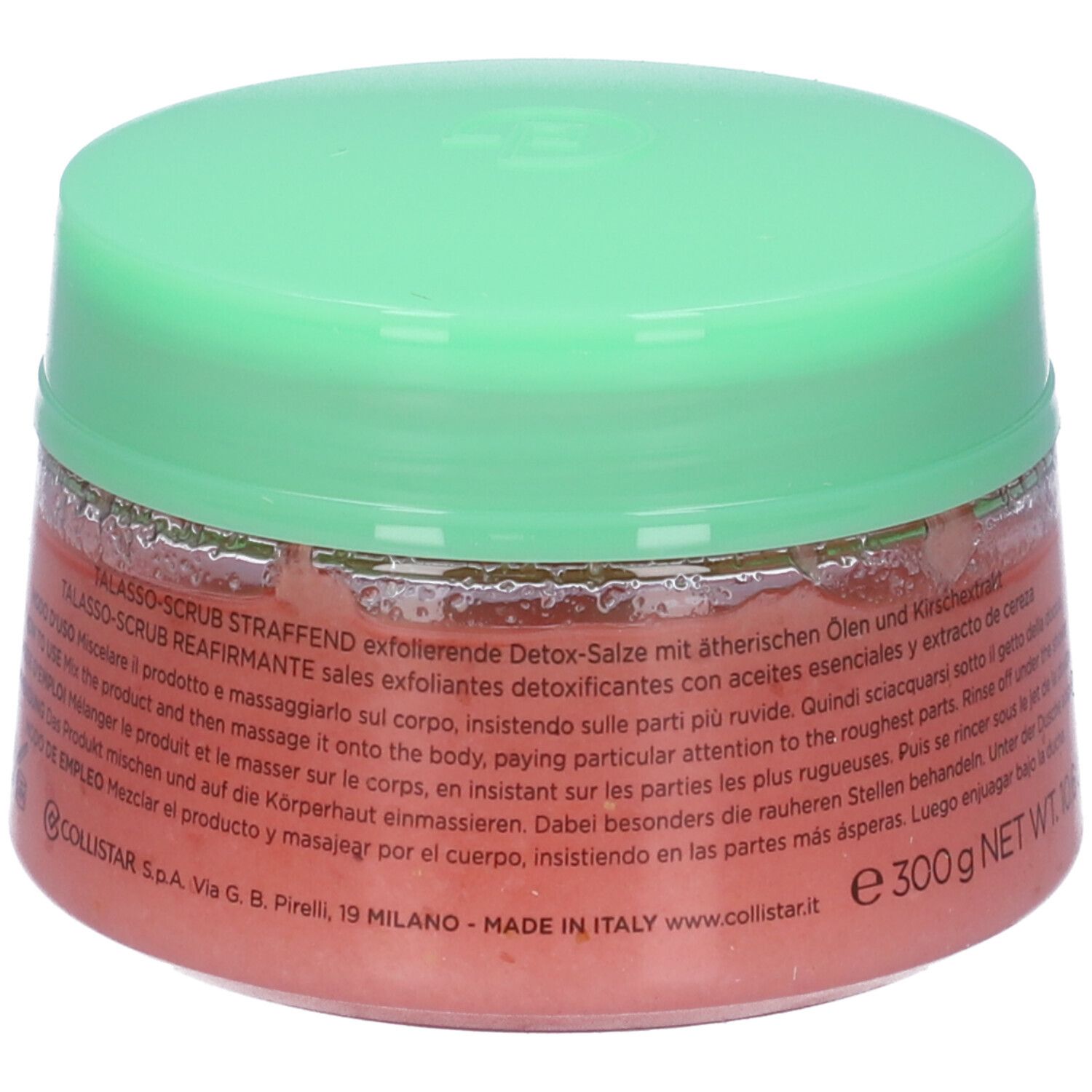Vaso rotondo con contenuto rosa e coperchio verde. Testo in più lingue. Scritta: Collistar Milano.