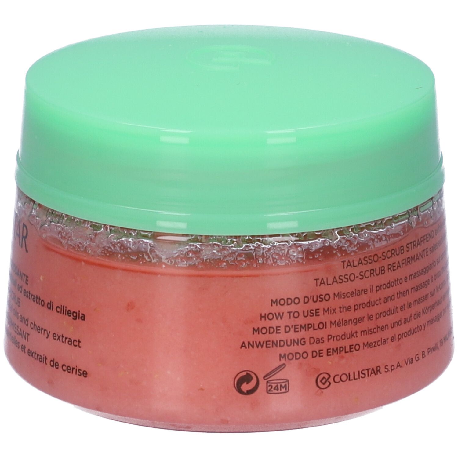 Vaso rotondo con contenuto rosa e coperchio verde. Testo in più lingue. Scritta: Collistar Milano.