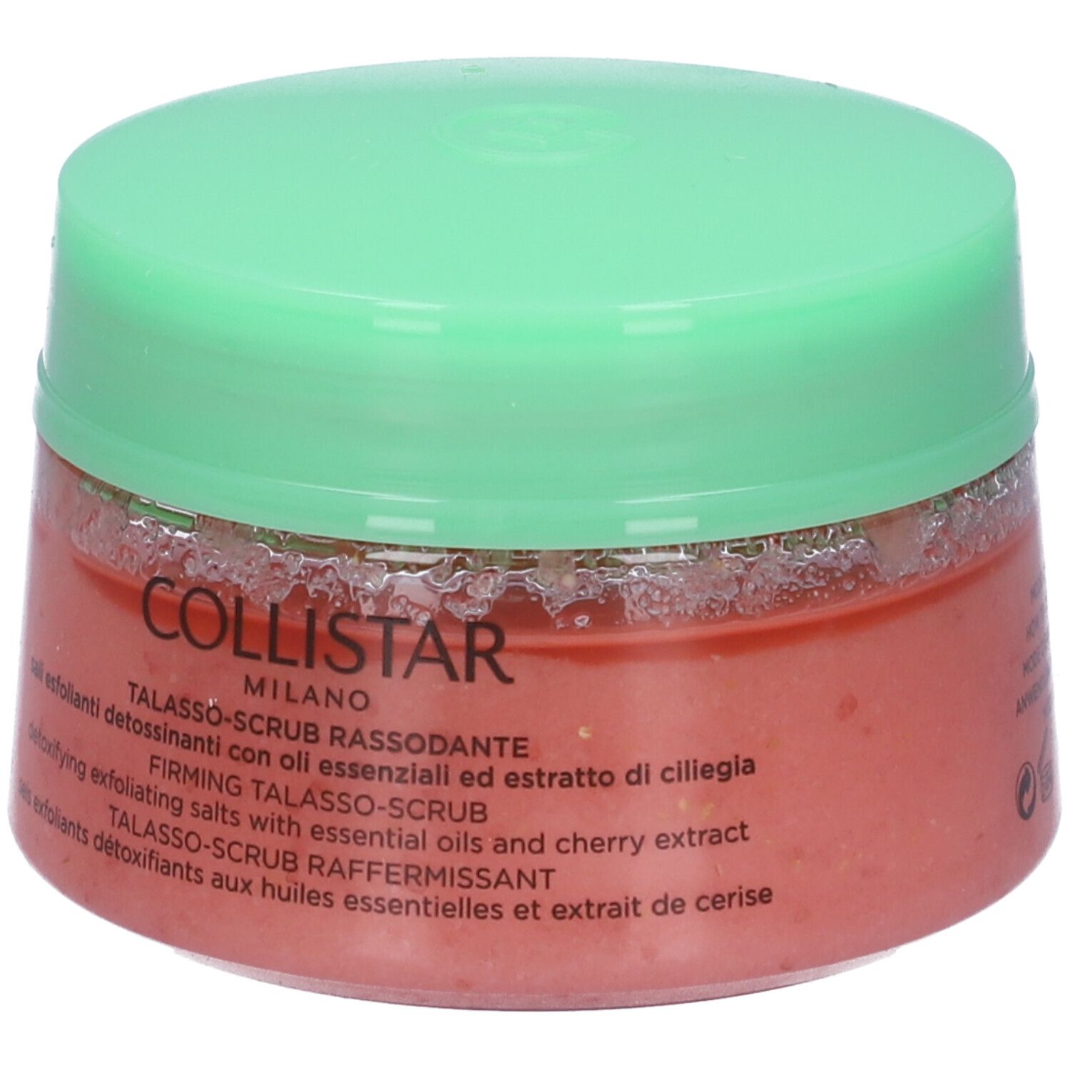 Vaso rotondo con contenuto rosa e coperchio verde. Scritta: Collistar Milano, Talasso-Scrub Rassodante.