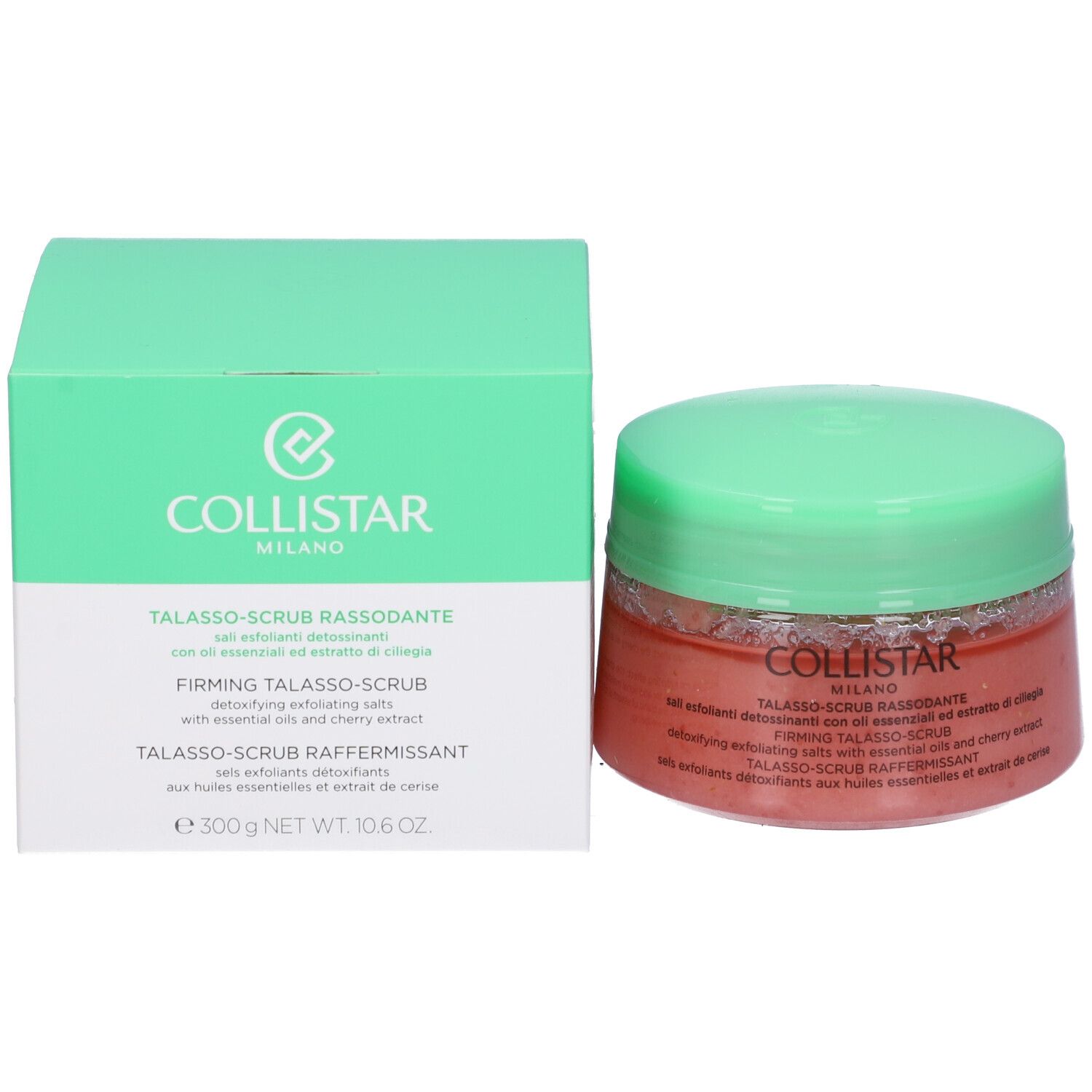Confezione del prodotto con vaso e scatola. Vaso con coperchio verde. Scritta: Collistar Milano, Talasso-Scrub Rassodante.
