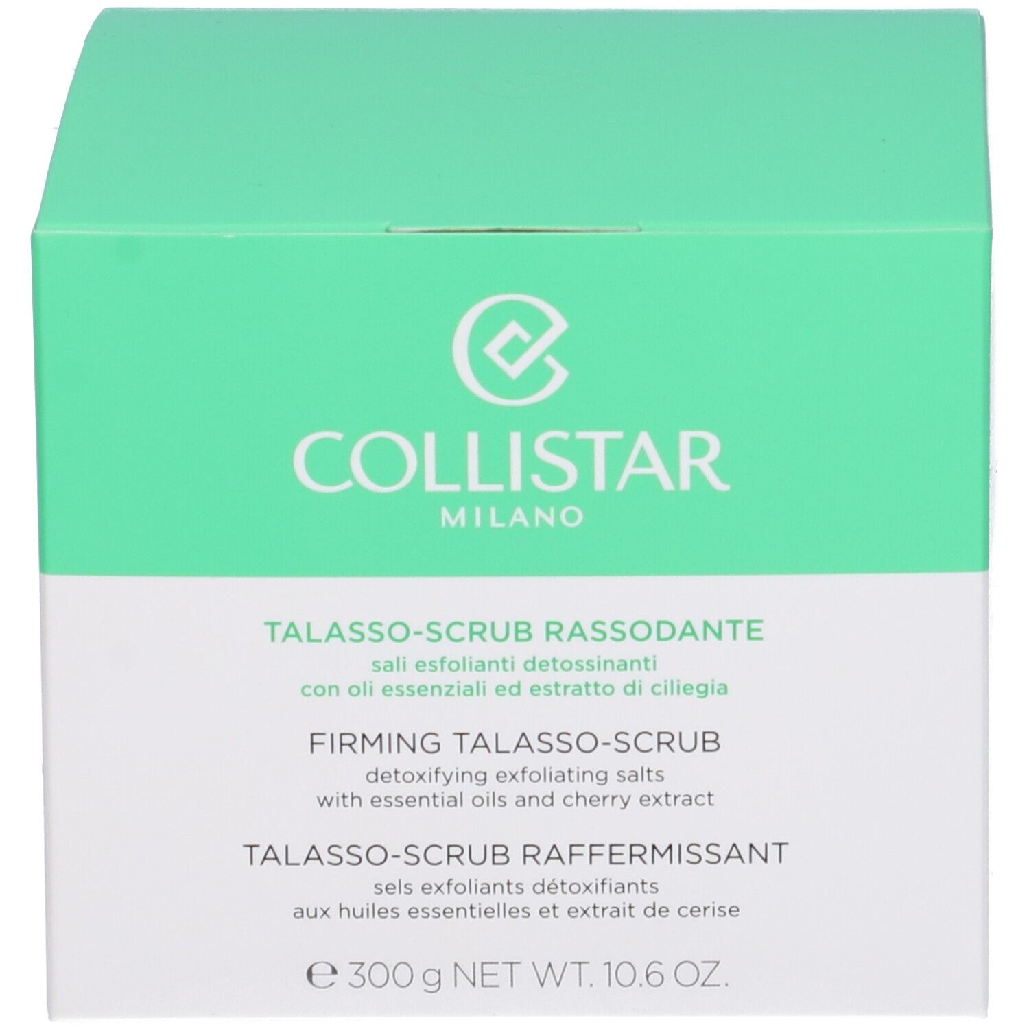 Scatola verde con scritta bianca. Scritta: Collistar Milano, Talasso-Scrub Rassodante. Peso netto: 300 g.
