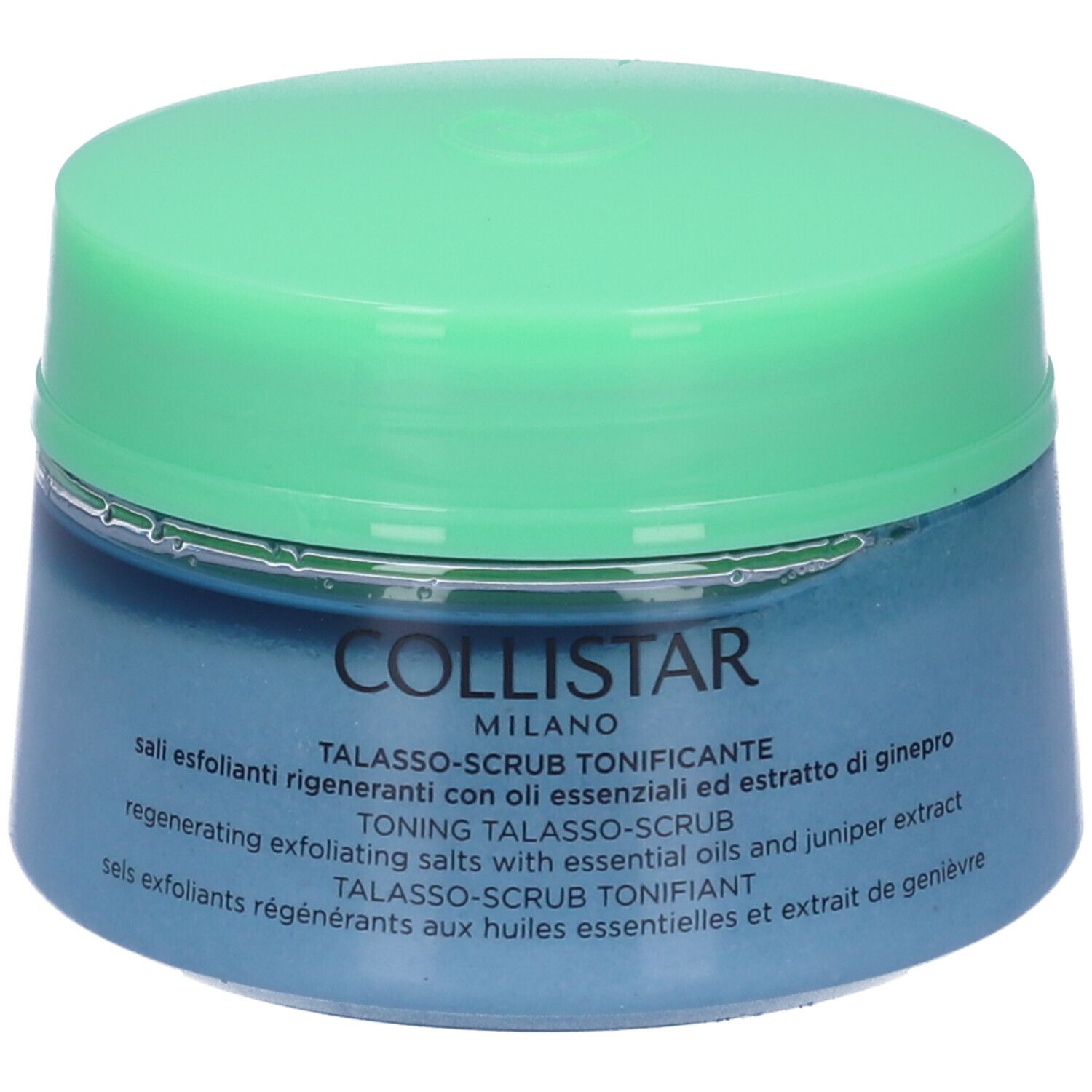 Vaso blu con coperchio verde. Scritta COLLISTAR MILANO. Testo: Talasso-Scrub Tonificante. Sali esfolianti rigeneranti.