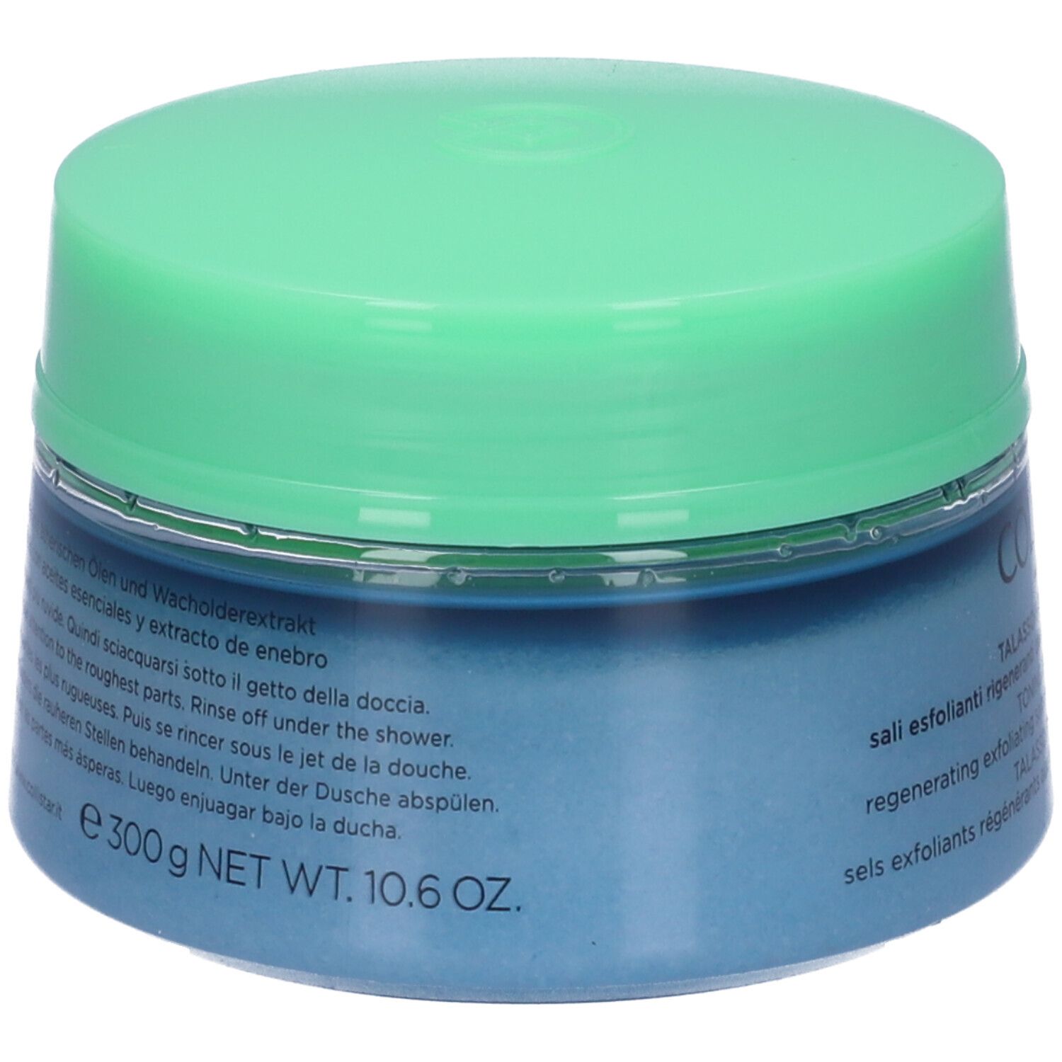 Vaso blu con coperchio verde. Testo: 300g NET WT. 10.6 OZ. Testo multilingue. Informazioni sul prodotto.