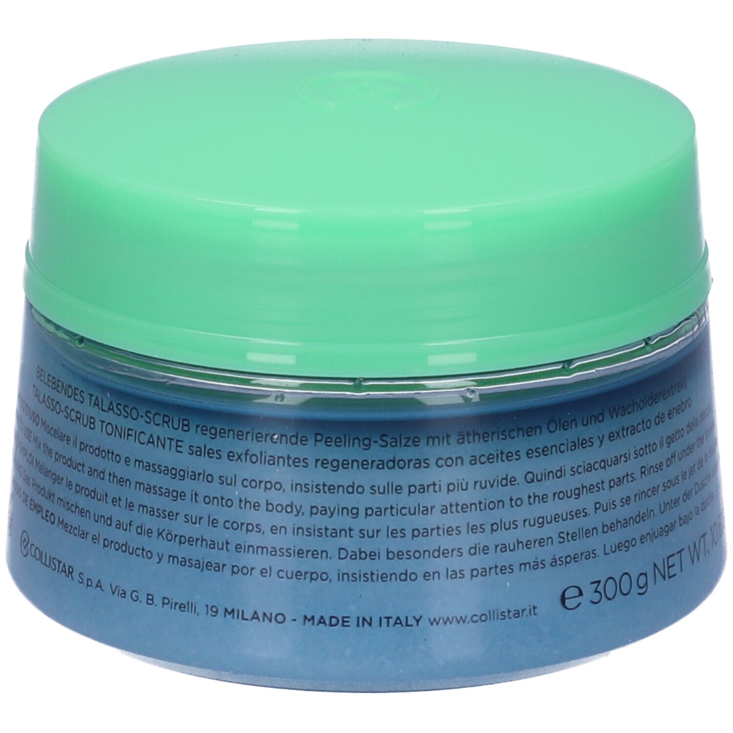 Vaso blu con coperchio verde. Testo multilingue. Informazioni sul prodotto. Scritta COLLISTAR MILANO. Prodotto in Italia.