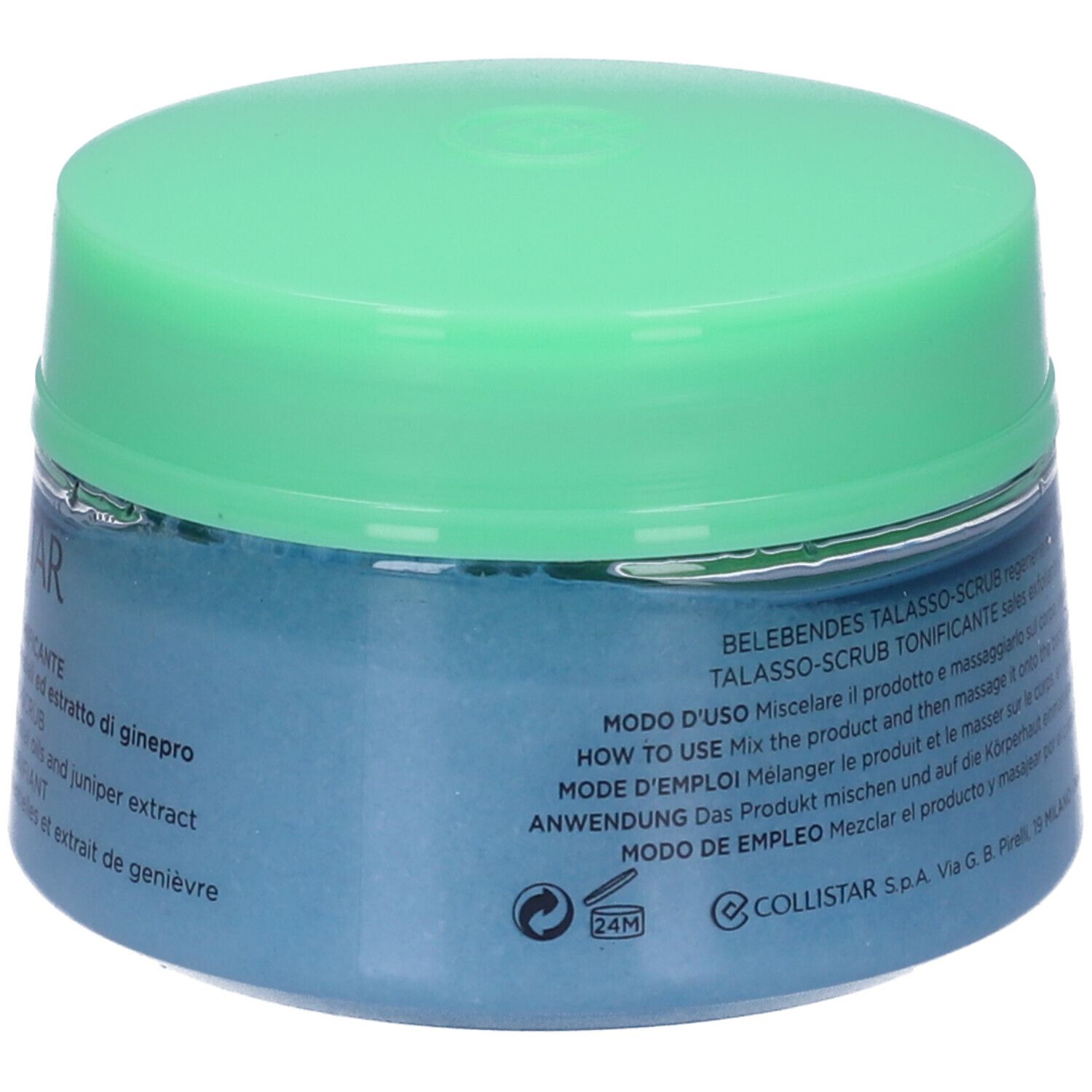 Vaso blu con coperchio verde. Testo multilingue. Istruzioni per l'uso. Scritta COLLISTAR MILANO. Simbolo 24M.