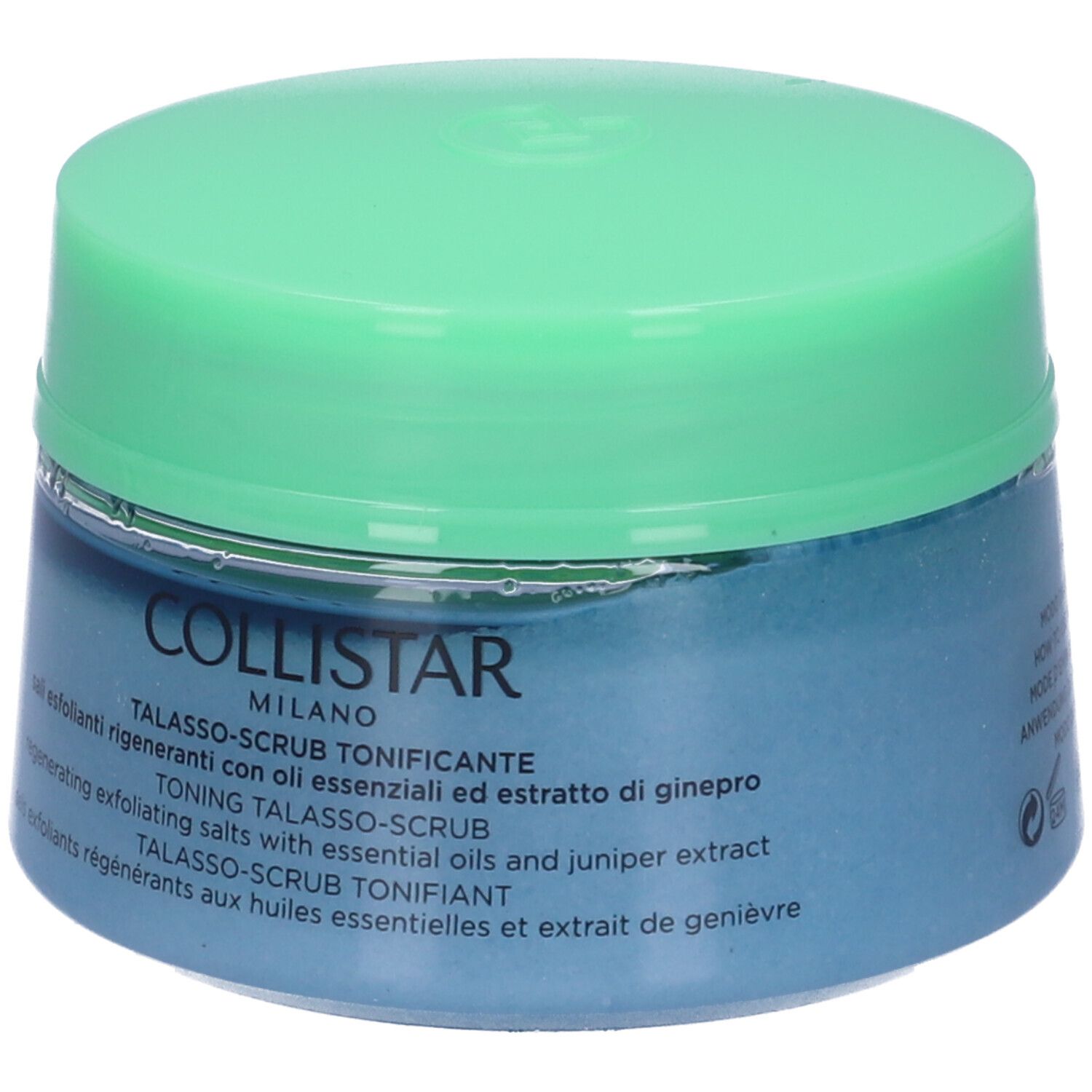 Vaso blu con coperchio verde. Scritta COLLISTAR MILANO. Testo: Talasso-Scrub Tonificante. Sali esfolianti rigeneranti.
