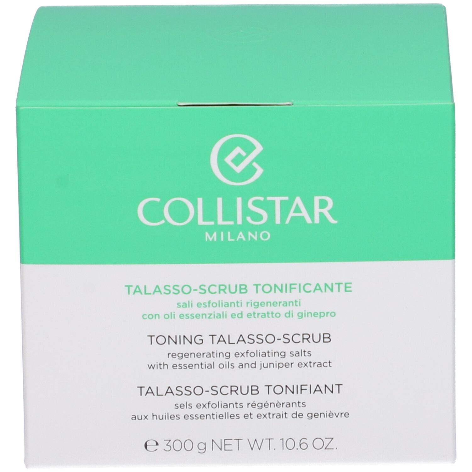 Confezione prodotto verde. Testo bianco su sfondo verde. Logo COLLISTAR. Testo: Talasso-Scrub Tonificante. 300g NET WT. 10.6 OZ.