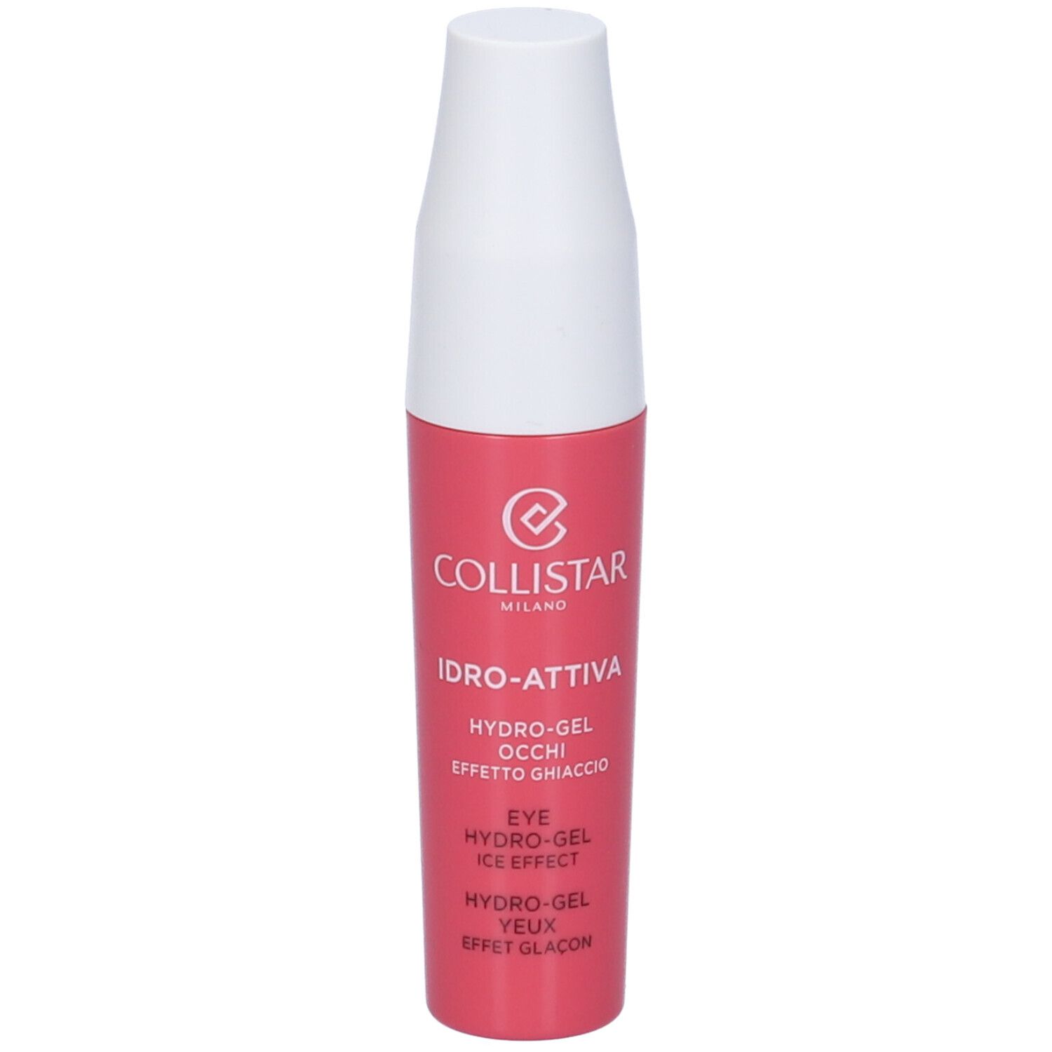 Tubo rosa con tappo bianco. Scritta: Collistar, Idro-Attiva, Hydro-Gel Occhi Effetto Ghiaccio.