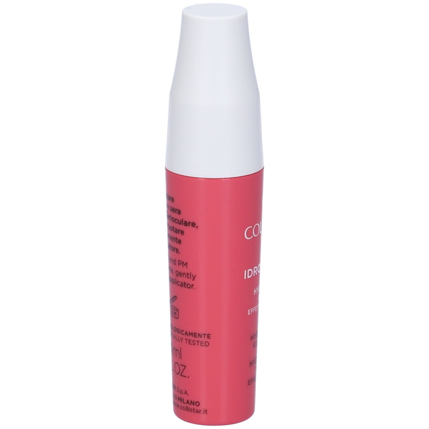 Tubo rosa con tappo bianco. Scritta: Collistar, Idro-Attiva. Testo e simboli sul retro.