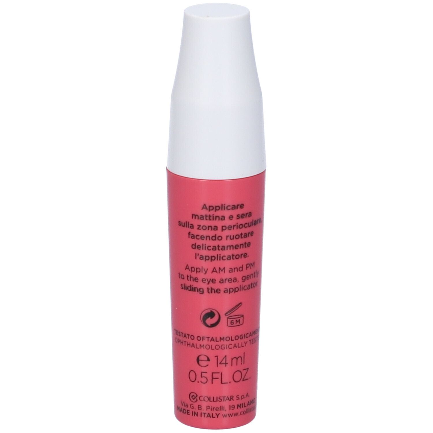Tubo rosa con tappo bianco. Scritta: 14ml 0.5 fl.oz. Testo e simboli sul retro.