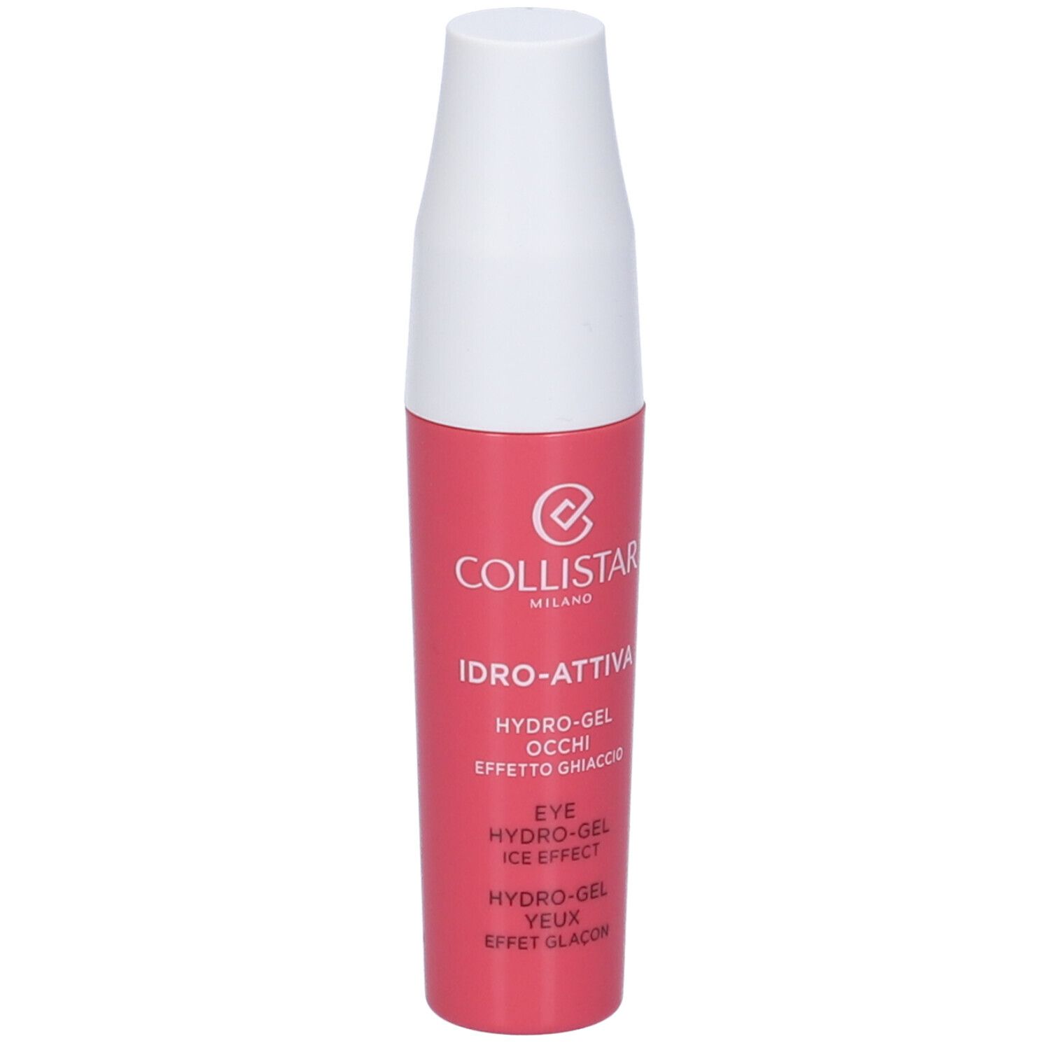Tubo rosa con tappo bianco. Scritta: Collistar, Idro-Attiva, Hydro-Gel Occhi Effetto Ghiaccio.