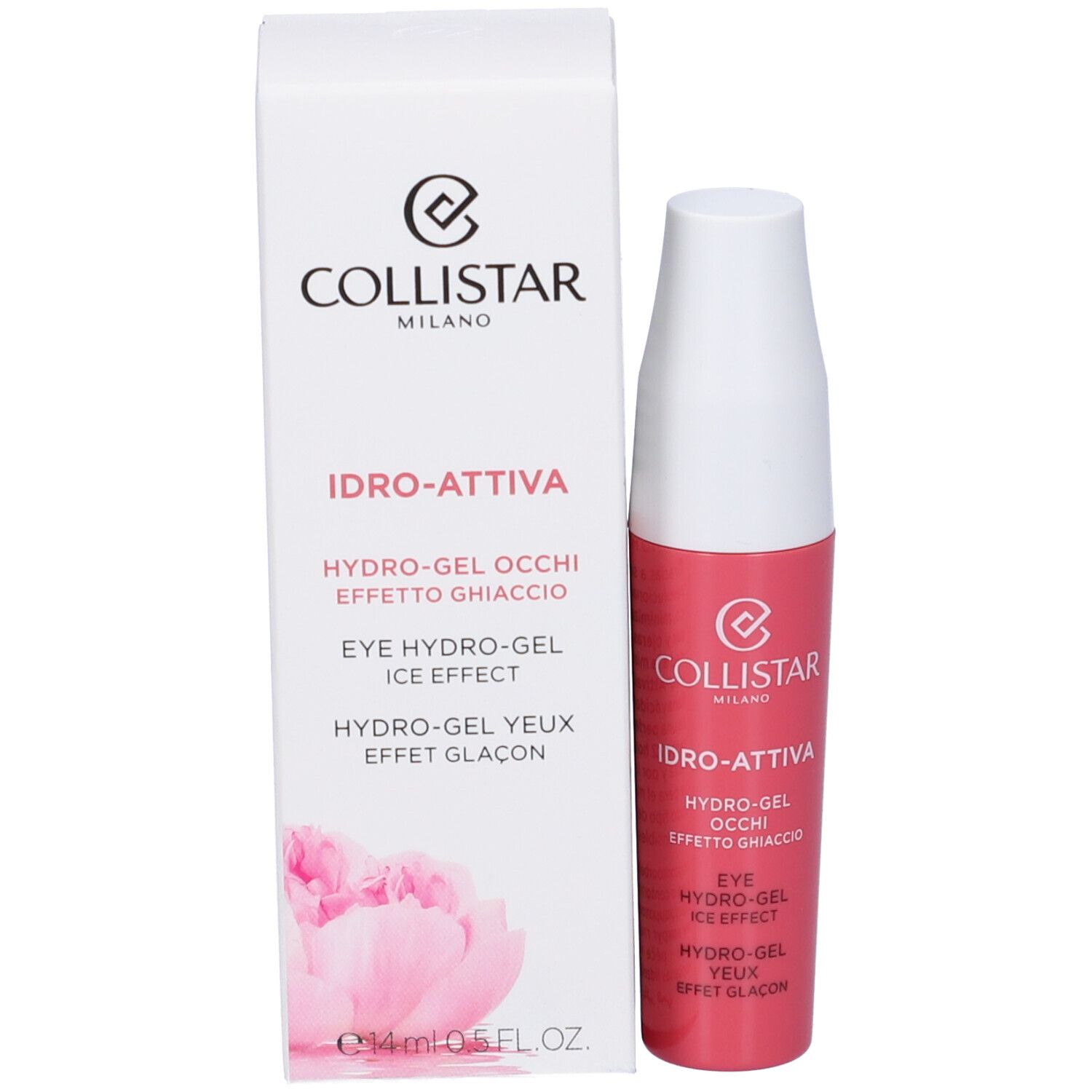 Prodotto e confezione. Tubo e scatola. Scritta: Collistar, Idro-Attiva, Hydro-Gel Occhi Effetto Ghiaccio.