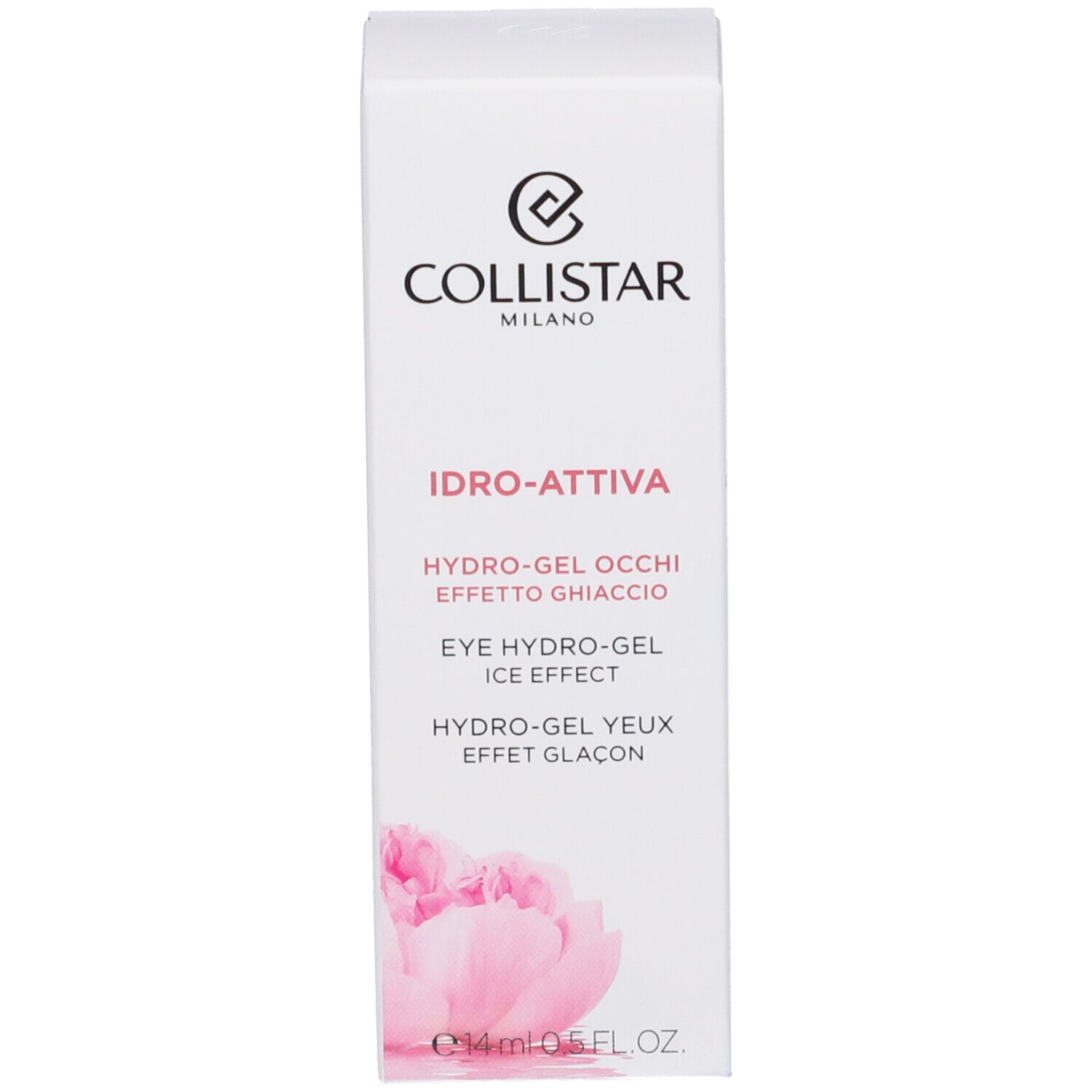Scatola bianca con fiori rosa. Scritta: Collistar, Idro-Attiva, Hydro-Gel Occhi Effetto Ghiaccio.