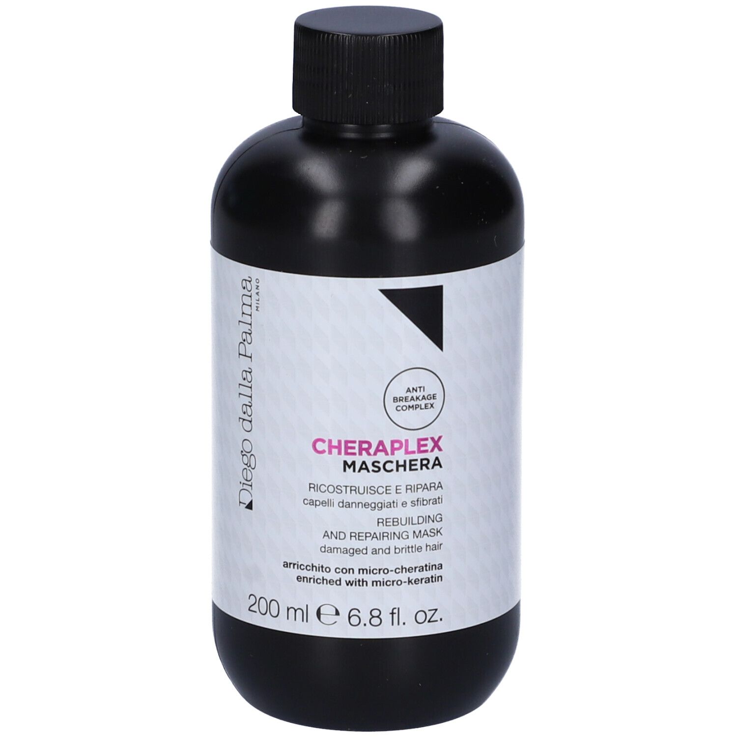 Flacone nero con tappo nero. Scritta: Cheraplex Maschera. 200 ml.