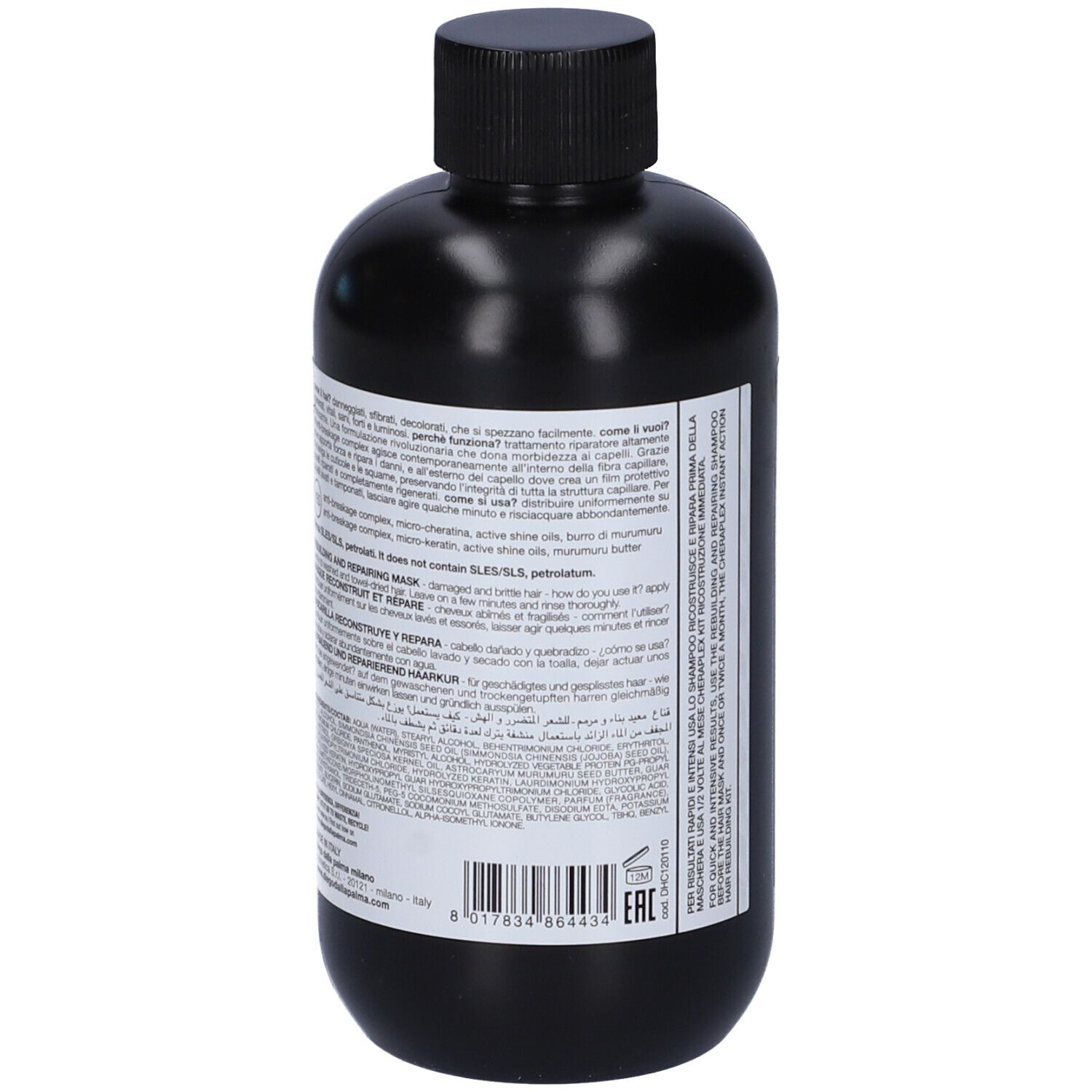 Flacone nero con etichetta. Testo in italiano. Ingredienti e istruzioni per l'uso.