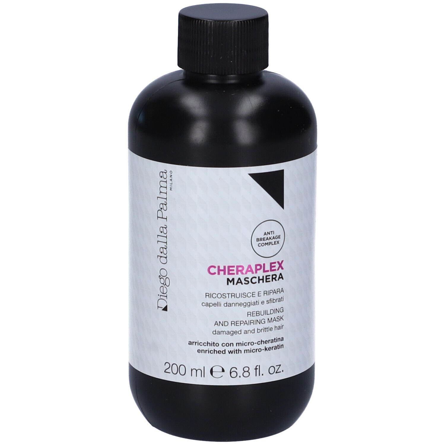 Flacone nero con tappo nero. Scritta: Cheraplex Maschera. 200 ml.