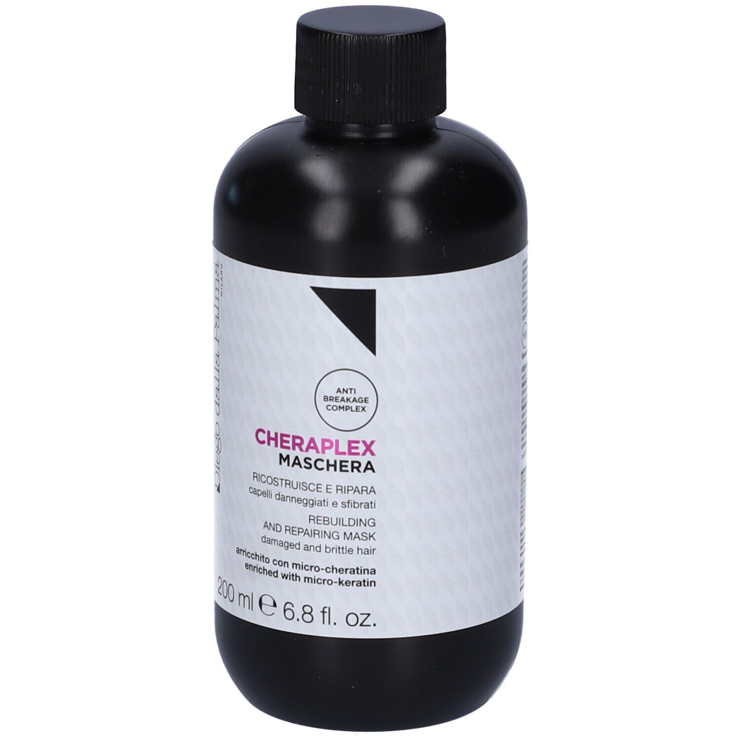 Flacone nero con tappo nero. Scritta: Cheraplex Maschera. 200 ml.