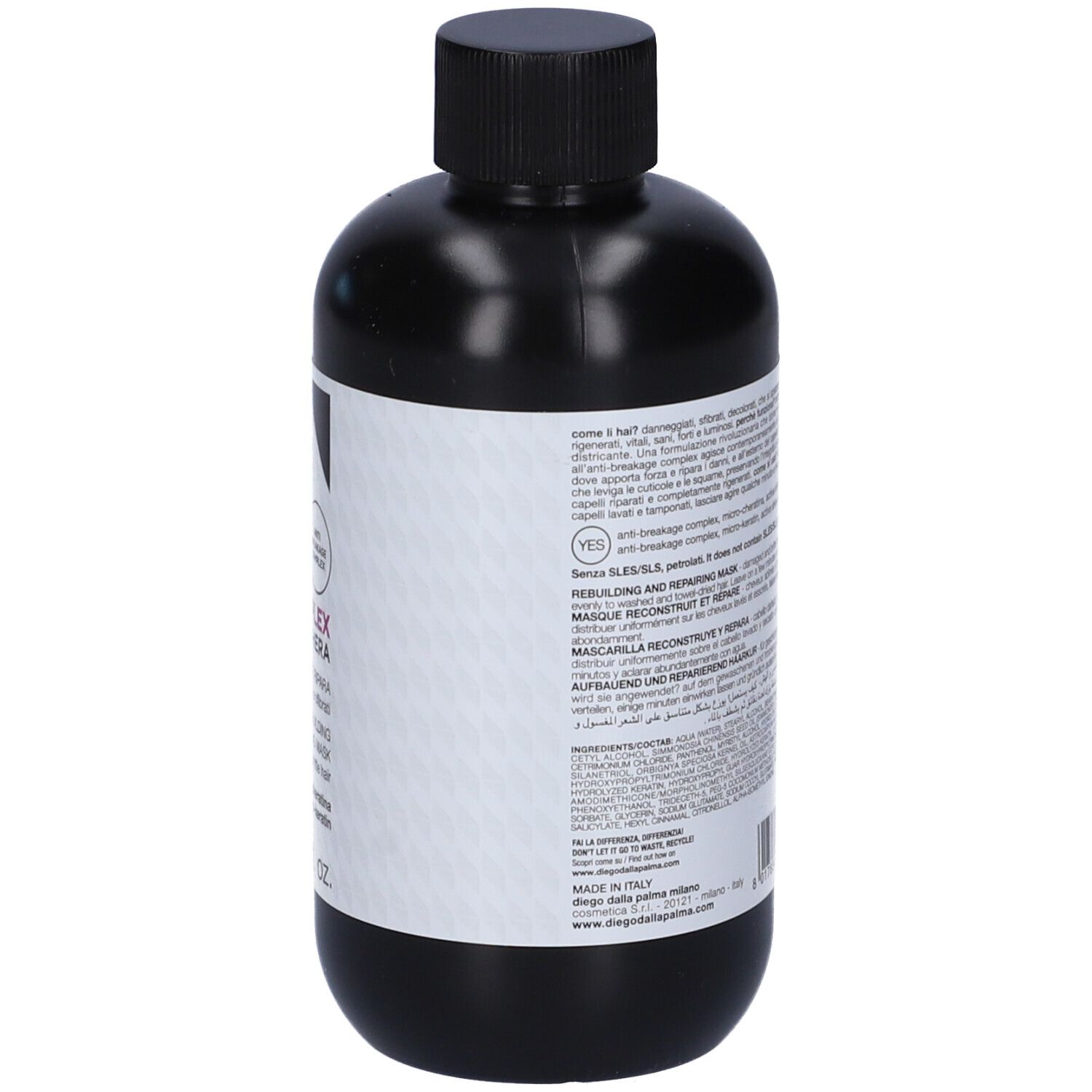 Flacone nero con etichetta. Testo in italiano. Ingredienti e istruzioni per l'uso.