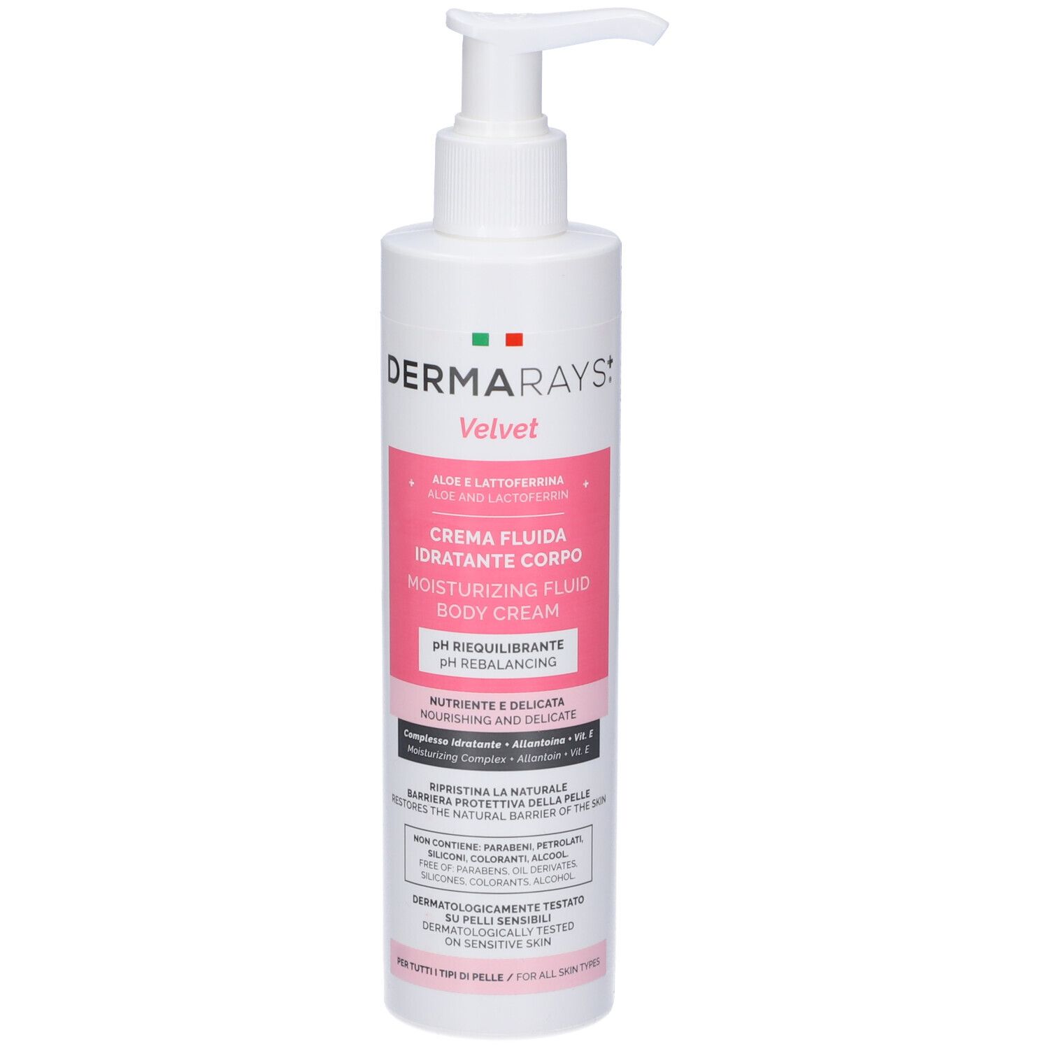 Flacone bianco con dosatore. Etichetta rosa con nome e testo del prodotto. DermaRays+ Velvet Crema Fluida Idratante Corpo.