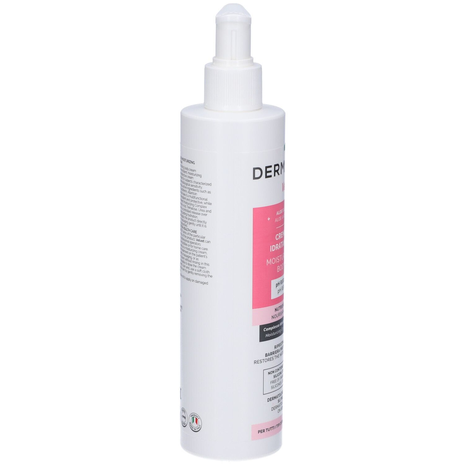 Flacone bianco con dosatore, vista laterale. Etichetta rosa con informazioni sul prodotto. DermaRays+ Velvet Crema Fluida Idratante Corpo.