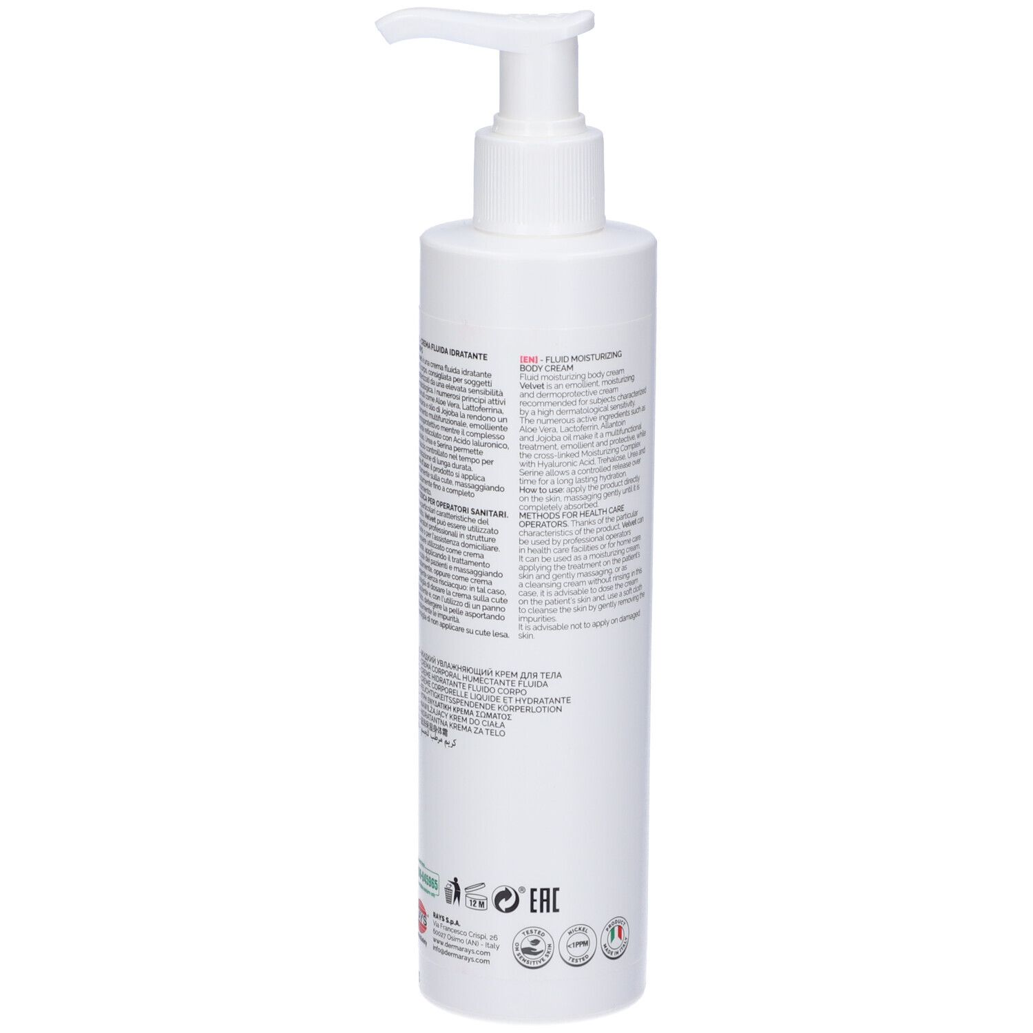 Retro di un flacone bianco con dosatore. Testo su etichetta rosa. DermaRays+ Velvet Crema Fluida Idratante Corpo.