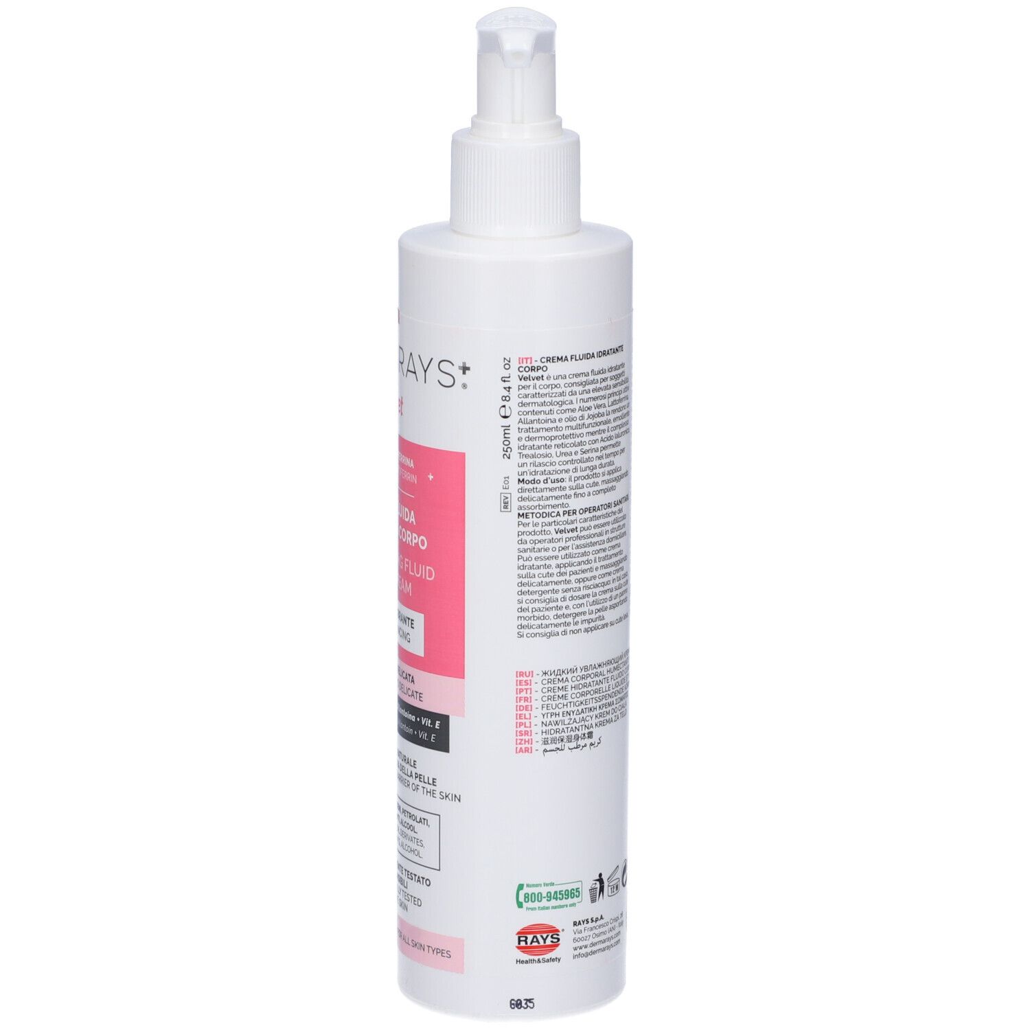 Vista laterale di un flacone bianco con dosatore. Etichetta rosa con informazioni prodotto. DermaRays+ Velvet Crema Fluida Idratante Corpo.