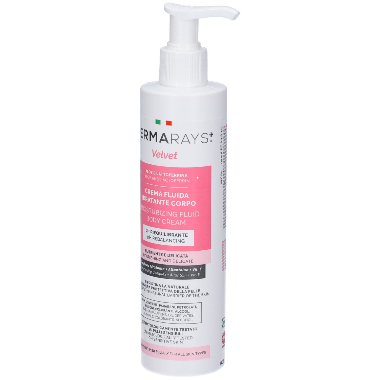 Flacone bianco con dosatore. Etichetta rosa con nome e testo del prodotto. DermaRays+ Velvet Crema Fluida Idratante Corpo.