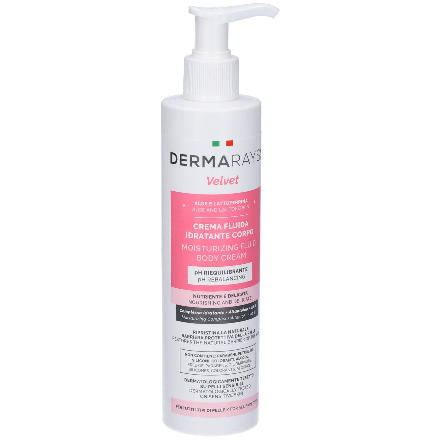 Flacone bianco con dosatore. Etichetta rosa con nome e testo del prodotto. DermaRays+ Velvet Crema Fluida Idratante Corpo.
