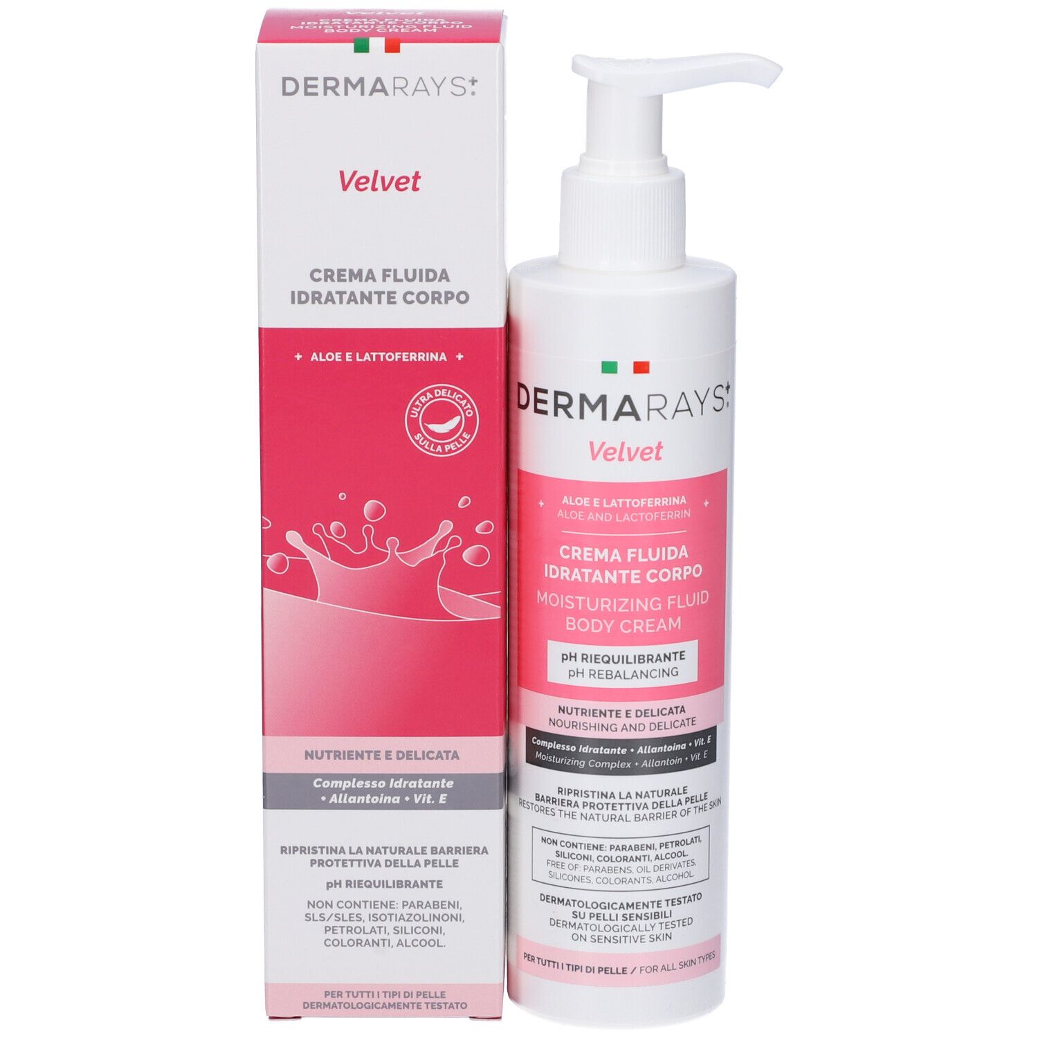 Flacone e confezione del prodotto. Etichetta rosa con nome e testo del prodotto. DermaRays+ Velvet Crema Fluida Idratante Corpo.