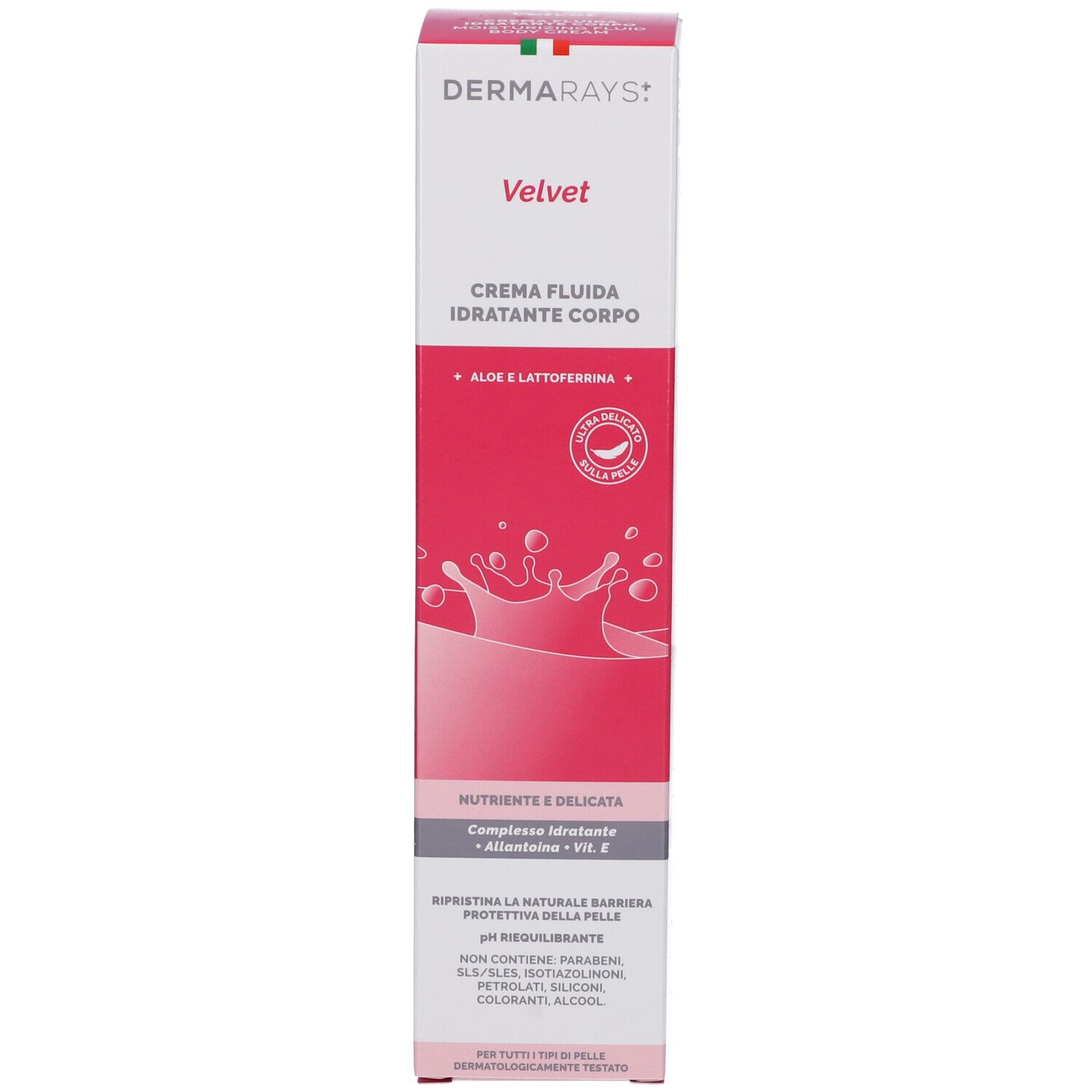 Confezione del prodotto. Etichetta rosa con nome e testo del prodotto. DermaRays+ Velvet Crema Fluida Idratante Corpo.
