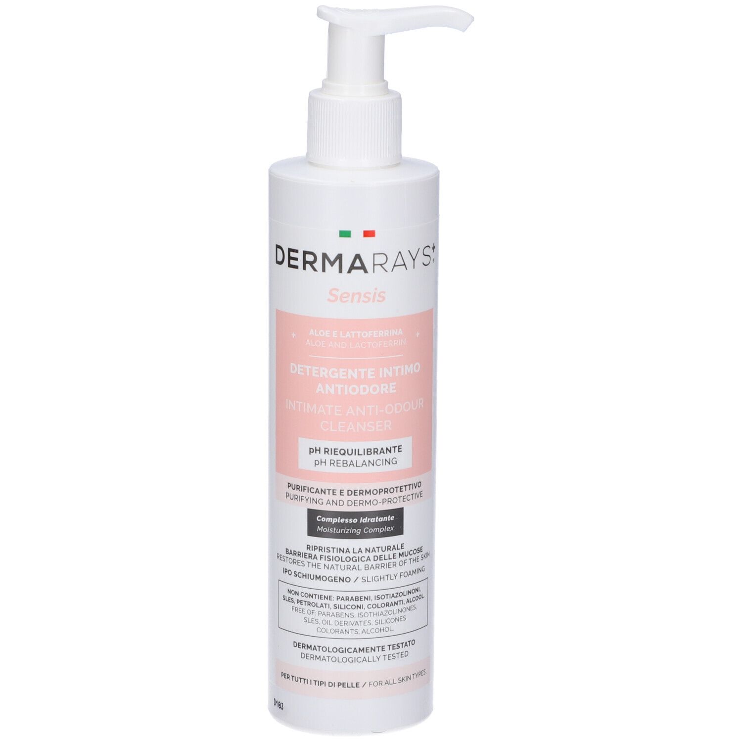 Flacone bianco con dosatore. Etichetta con nome e testo del prodotto. Bandiera italiana. Prodotto: DermaRays+ Sensis Detergente Intimo Antiodore.