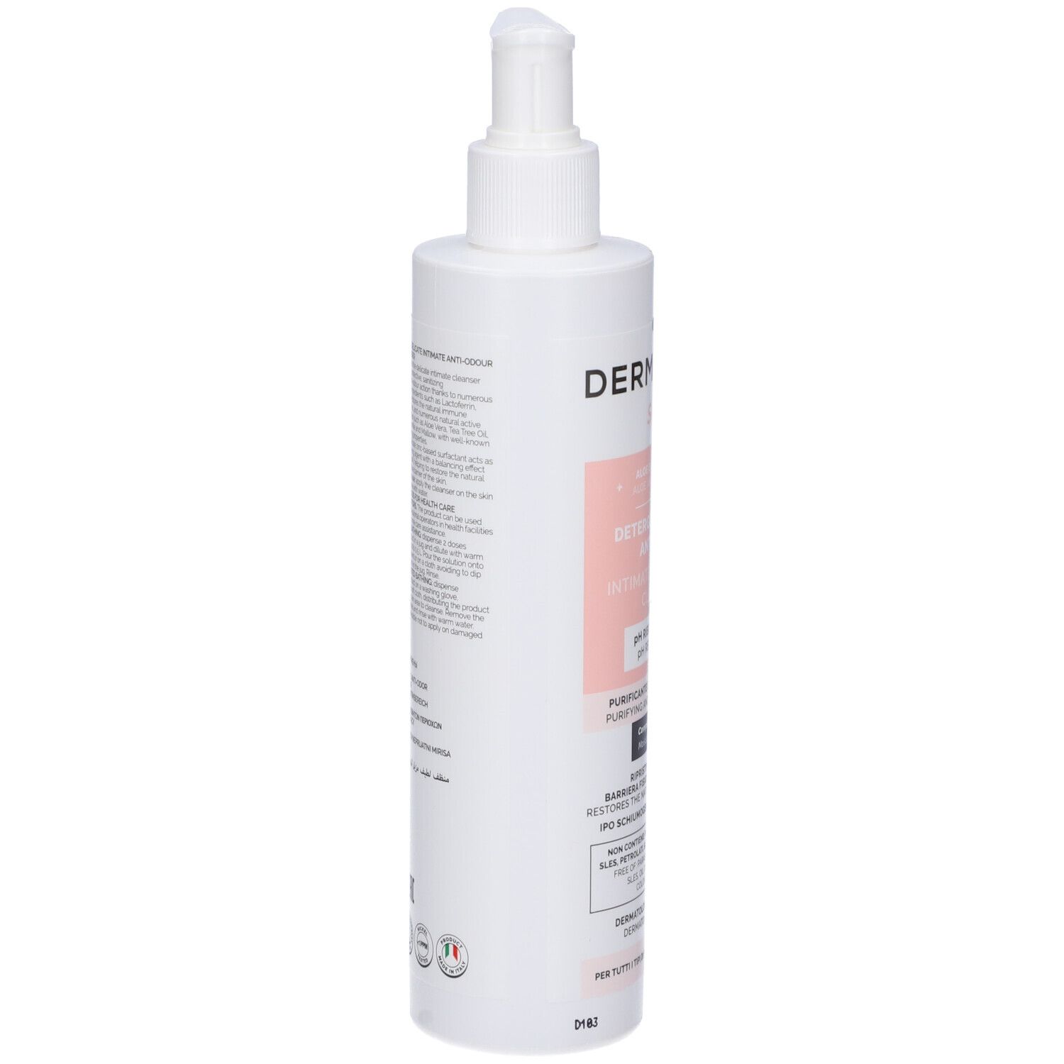 Flacone bianco con dosatore. Etichetta con informazioni sul prodotto. Prodotto: DermaRays+ Sensis Detergente Intimo Antiodore.
