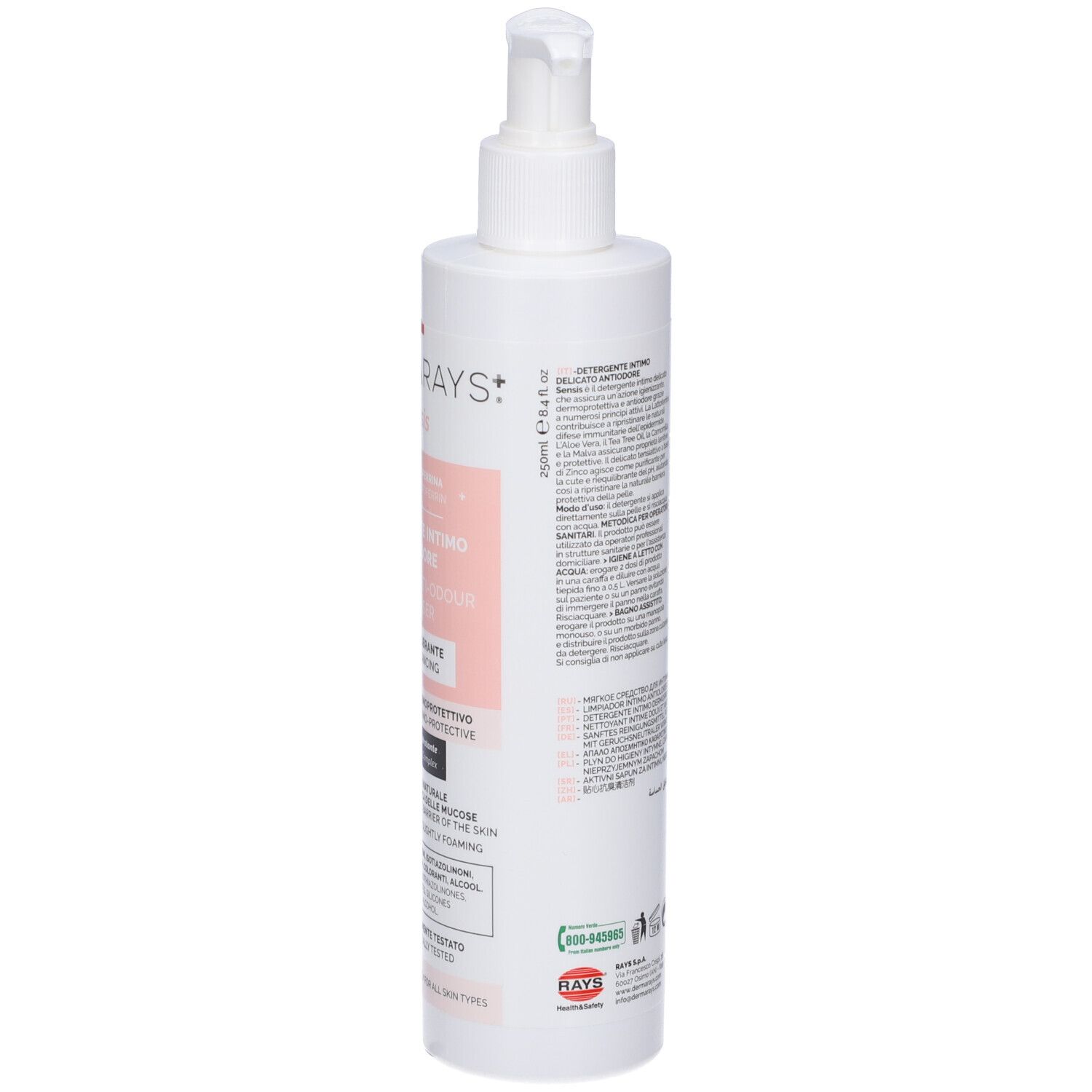 Flacone bianco con dosatore. Etichetta con informazioni sul prodotto. Prodotto: DermaRays+ Sensis Detergente Intimo Antiodore.
