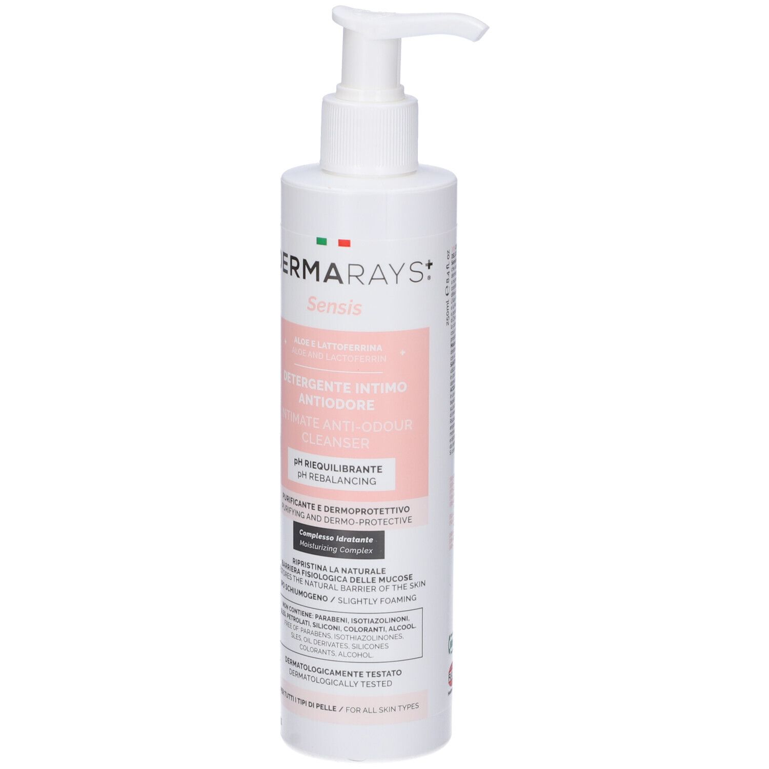 Flacone bianco con dosatore. Etichetta con nome e testo del prodotto. Bandiera italiana. Prodotto: DermaRays+ Sensis Detergente Intimo Antiodore.