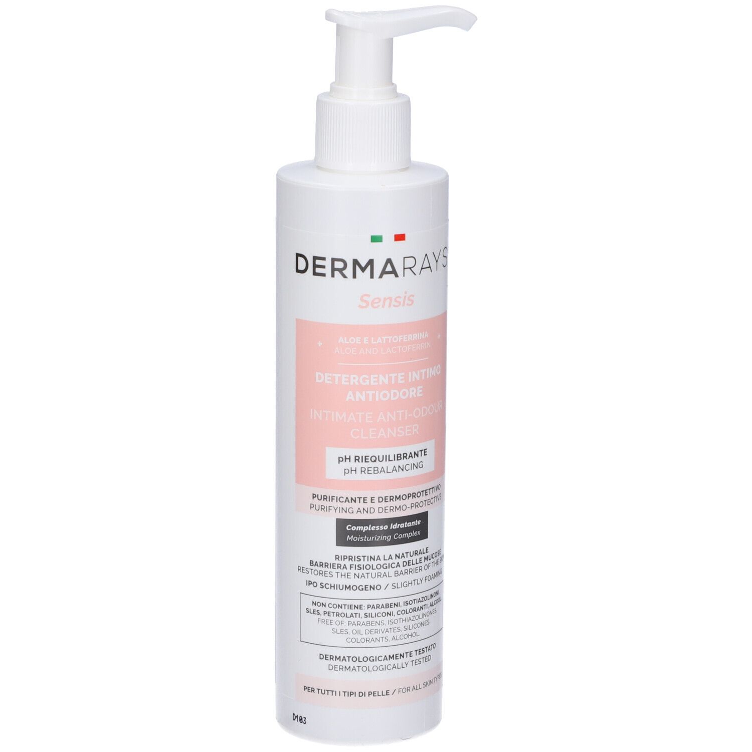 Flacone bianco con dosatore. Etichetta con nome e testo del prodotto. Bandiera italiana. Prodotto: DermaRays+ Sensis Detergente Intimo Antiodore.