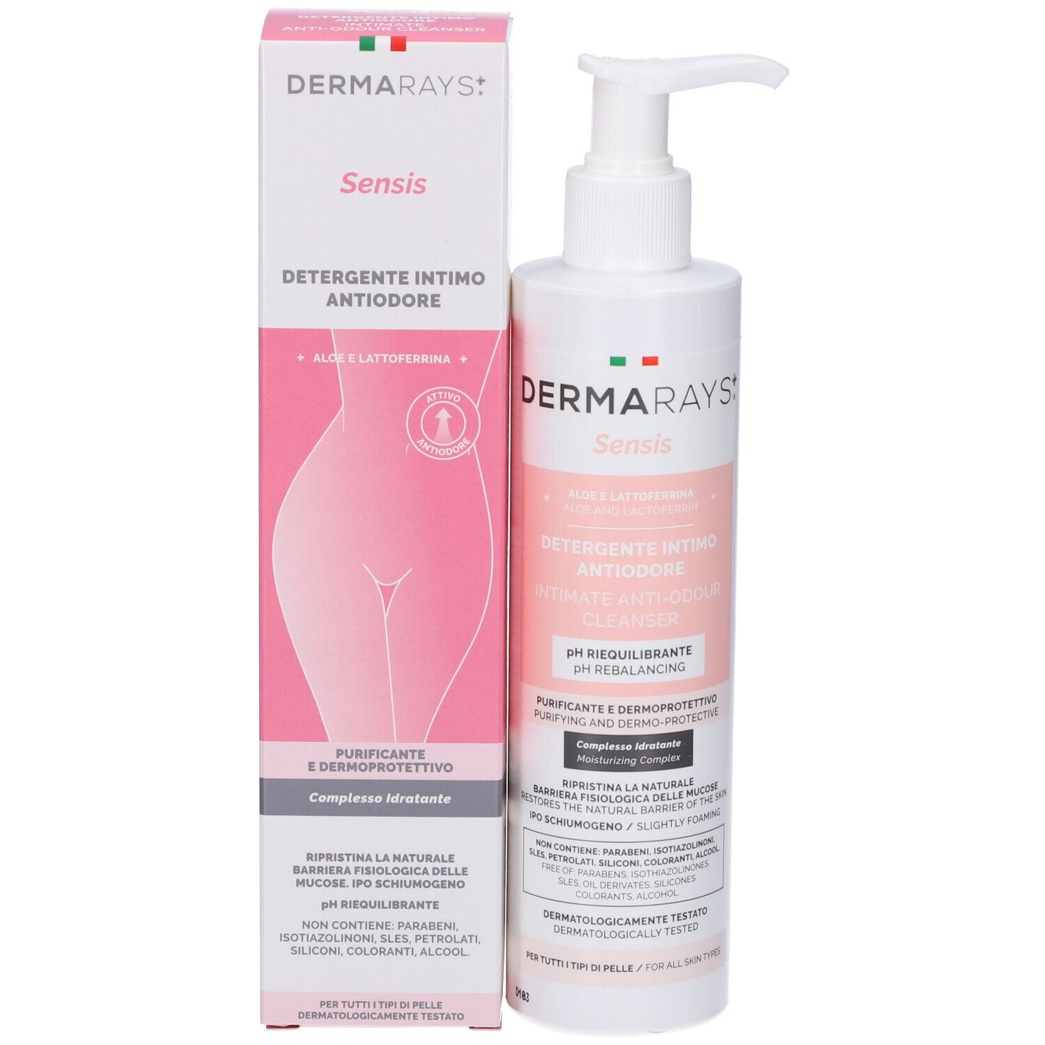 Confezione e flacone del prodotto. Prodotto: DermaRays+ Sensis Detergente Intimo Antiodore. Confezione con nome e immagine del prodotto.