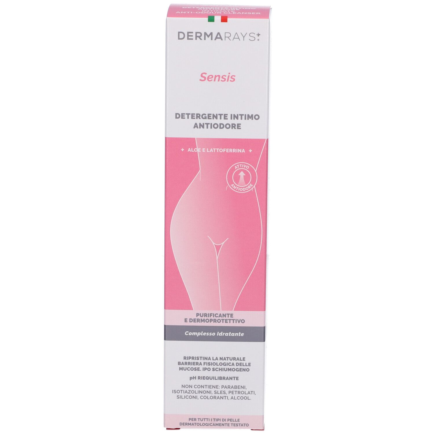Confezione del prodotto. Prodotto: DermaRays+ Sensis Detergente Intimo Antiodore. Confezione con nome e immagine del prodotto.