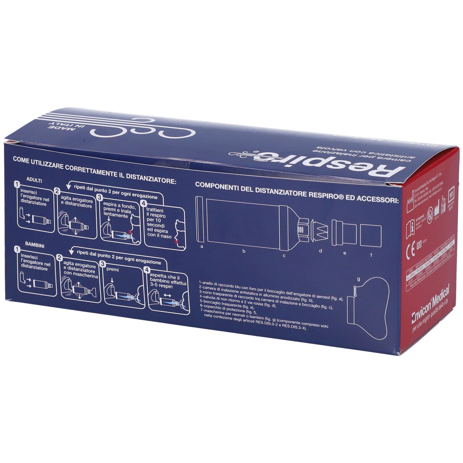 Blaue Verpackung mit "Respiro" und Anweisungen. Zeigt Komponenten und Gebrauchsanweisungen für die Inhalation.