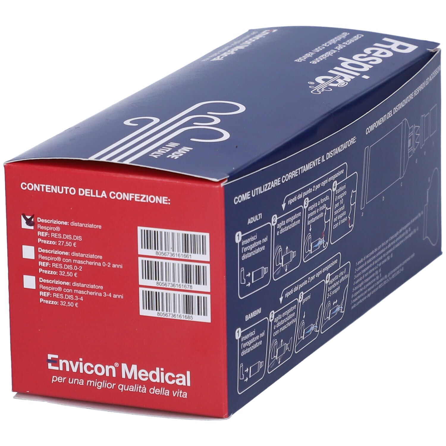 Blaue Verpackung mit "Respiro" und Inhaltsangaben. Enthält Distanzstück und Zubehör. Preisangaben sichtbar.