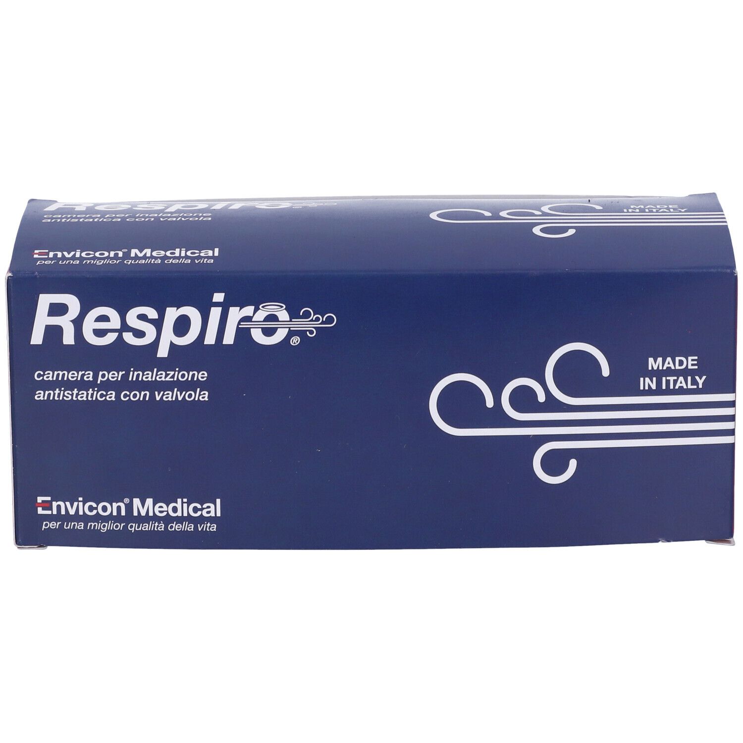 Blaue Verpackung mit "Respiro"-Schriftzug und "Made in Italy". Enthält eine Inhalationskammer mit Ventil.