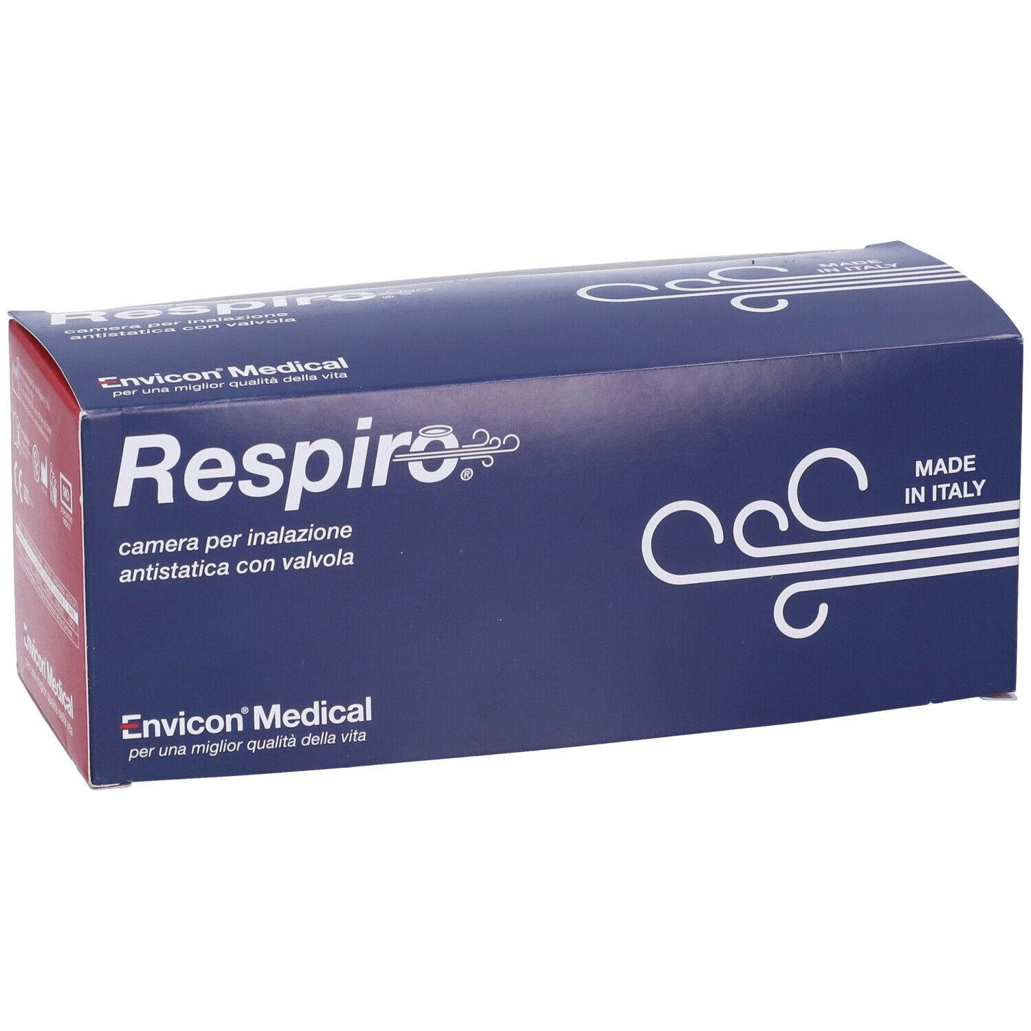 Blaue Verpackung mit "Respiro"-Schriftzug und "Made in Italy". Enthält eine Inhalationskammer mit Ventil.
