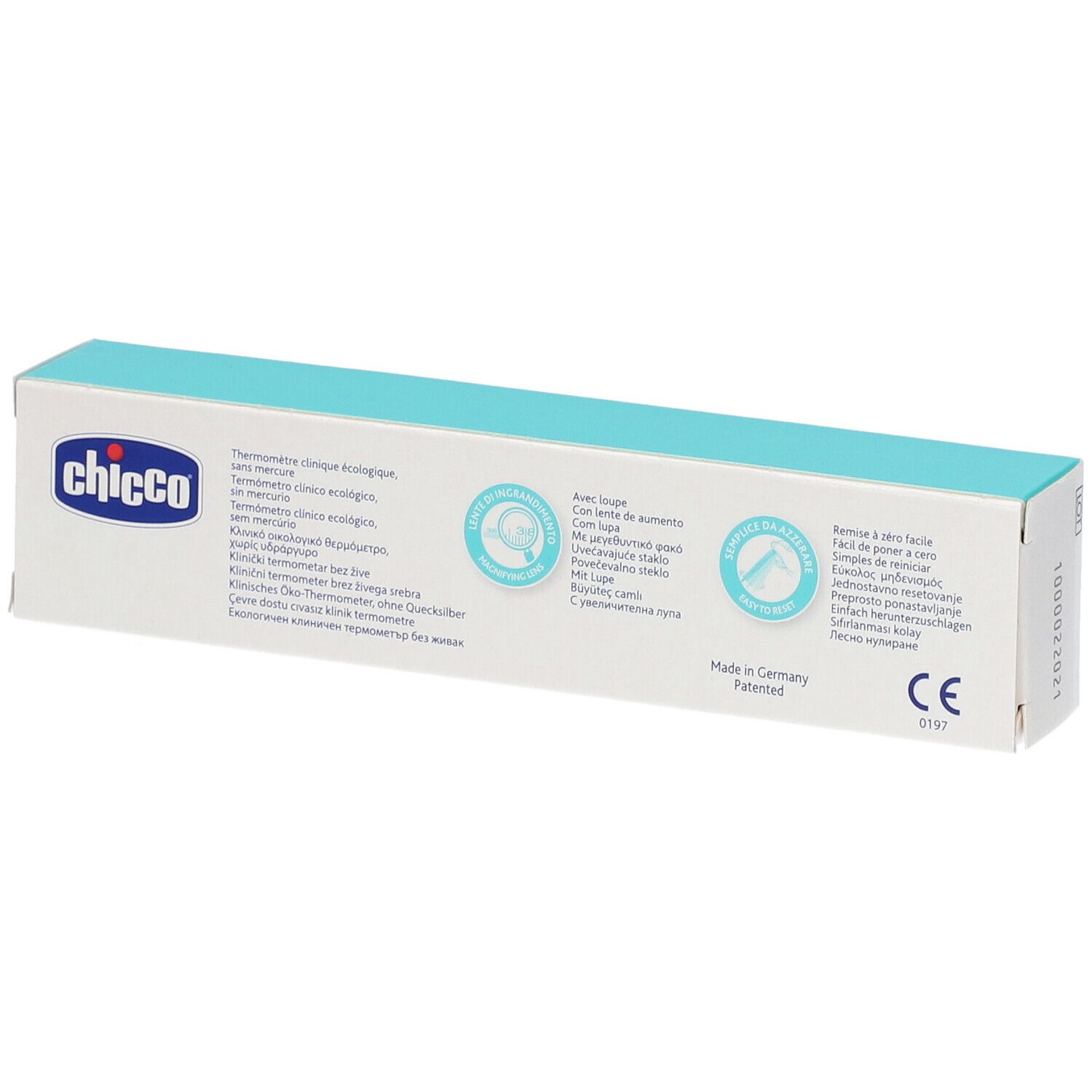 Retro della confezione con testo multilingue. Scritta: Chicco, Made in Germany, CE.