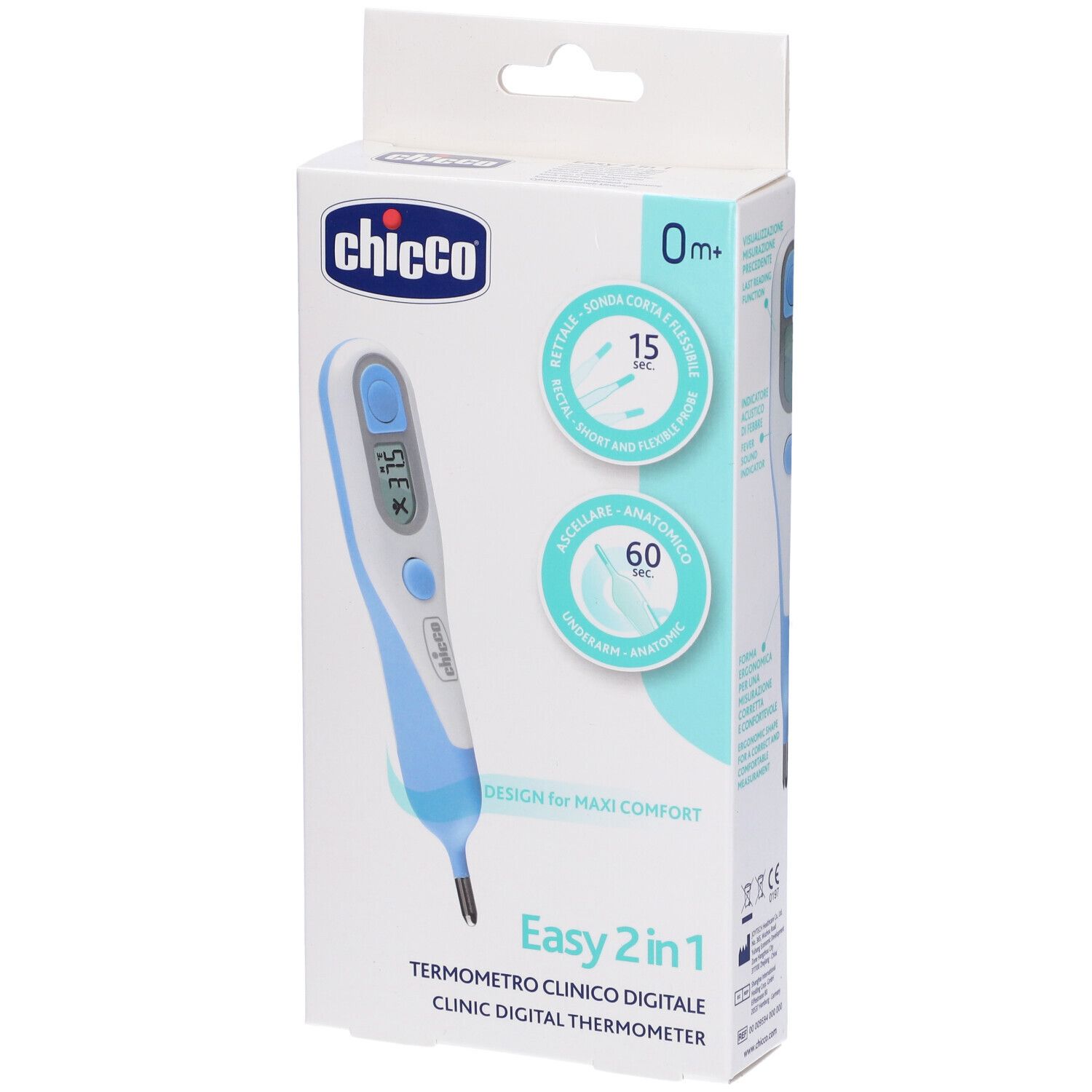 Confezione del termometro Easy 2 in 1. Marchio Chicco. Con immagine e testo.