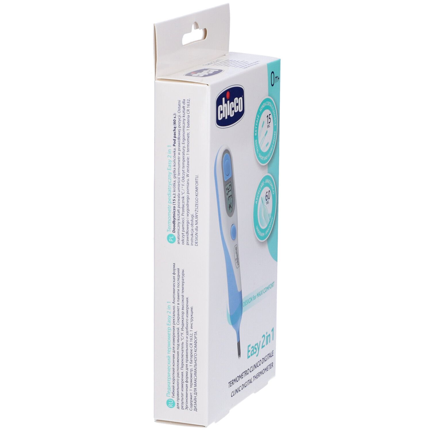 Confezione del termometro Easy 2 in 1. Marchio Chicco. Vista laterale con testo.