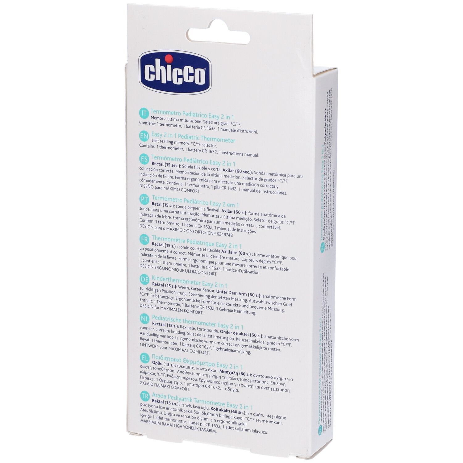 Retro della confezione del termometro Easy 2 in 1. Marchio Chicco. Testo multilingue.